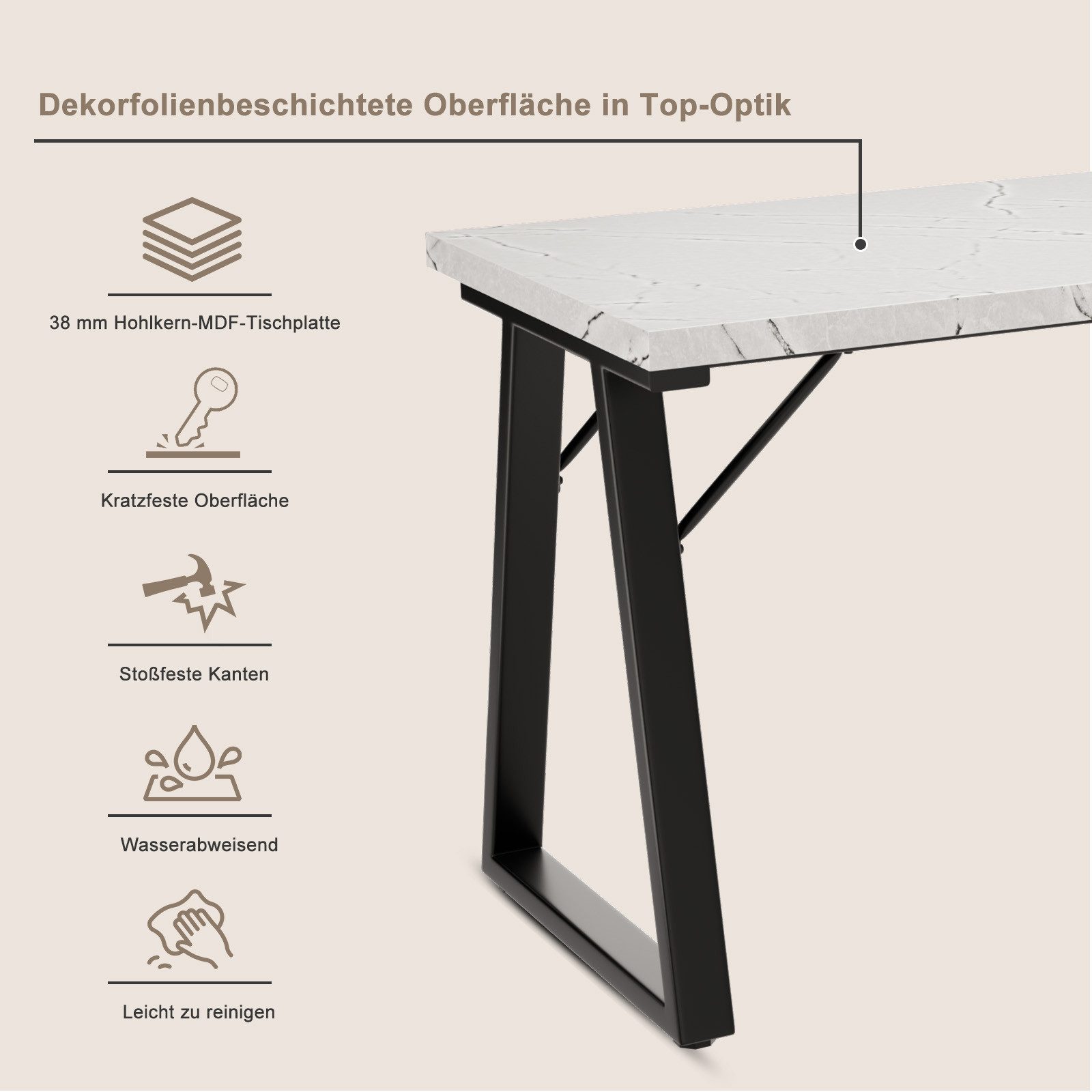 HOMAVO Esstisch MDF-Tischplatte mit Marmor- oder Holzoptik, Metallgestell-Z2 (Einzeltisch), Sehr stabile Konstruktion, moderne Form