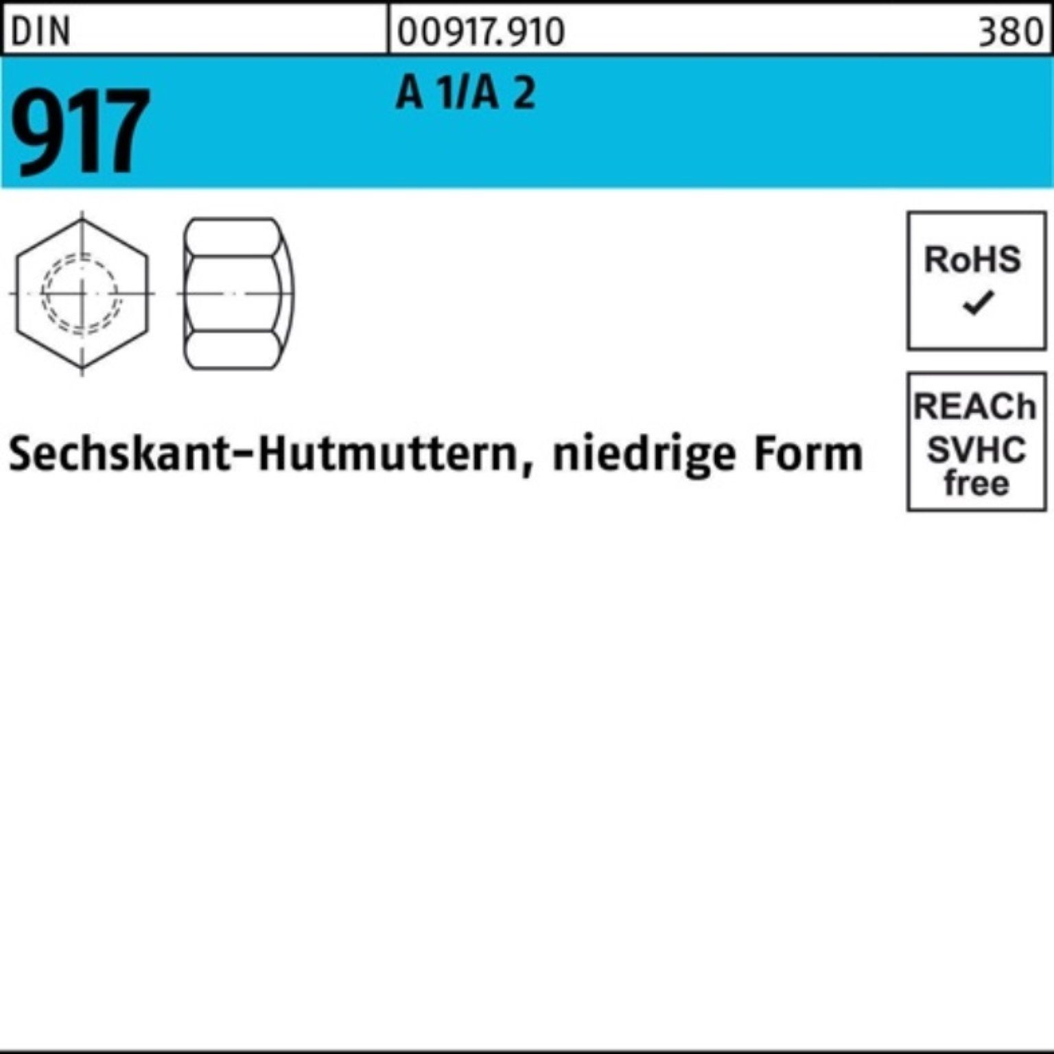 50 FormM8 Reyher Sechskanthutmutter 2 100er A niedrige 917 Pack 1/A Stüc Hutmutter DIN