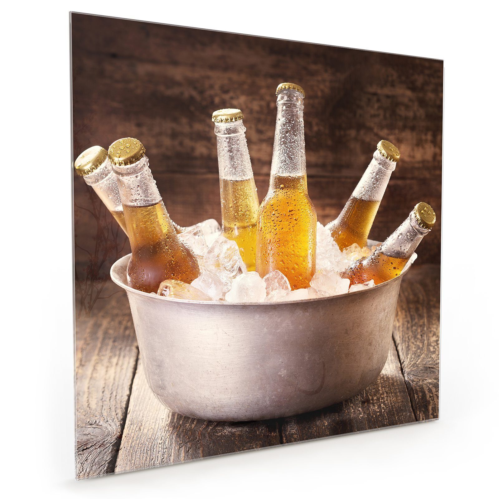 Primedeco Küchenrückwand Spritzschutz Glas Kalte Bierflaschen in Kessel