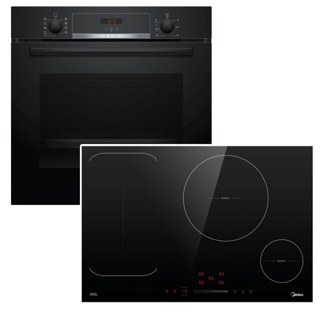 Backofen-Set Schnellaufheizung Teleskopauszug + Midea Flex-Induktionskochfeld 77cm
