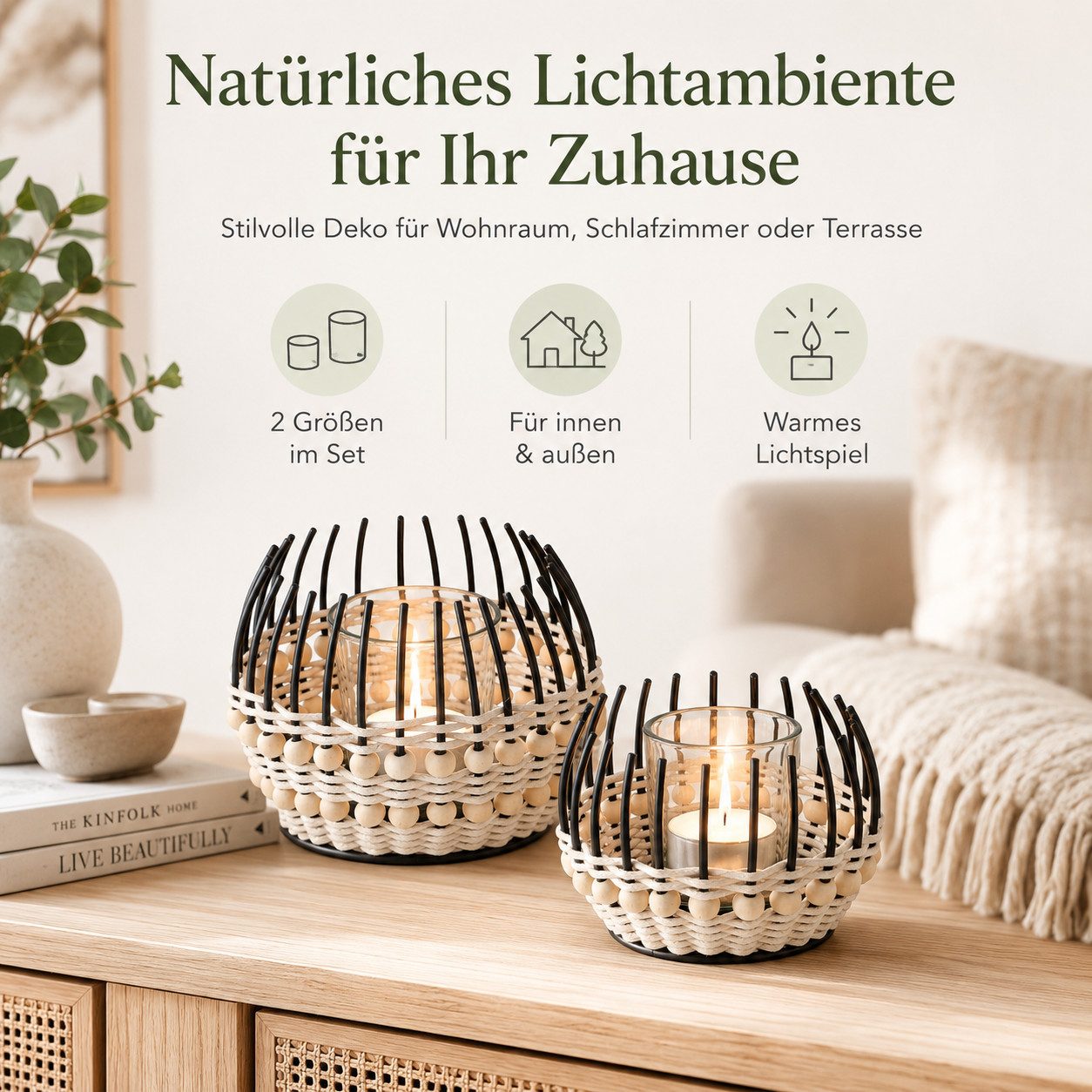BOLTZE Windlicht Boltze Windlicht Korb Lugo 2er-Set Natur/Schwarz (2 St)