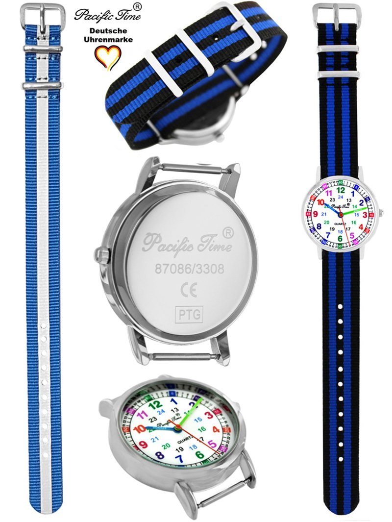 und Gratis Reflektor schwarz Time - Mix Set Armbanduhr Pacific gestreift Versand Kinder Design Quarzuhr Lernuhr Wechselarmband, blau und Match blau