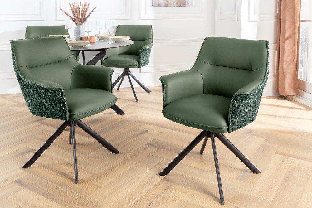 riess-ambiente Drehstuhl LE GRAND grün – Echtleder, Strukturstoff, 180° drehbar, mit Armlehne (Einzelartikel, 1 St), mit Metallgestell & Auto-Return-Funktion – ideal für Deinen Esstisch