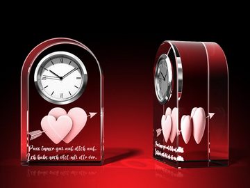 GLASFOTO.COM Tischuhr Zwei Herzen + Pass auf dich auf - Uhr, Glas rund Valentinstag (B x H x T)60 x 95 x 40 mm, 550 g