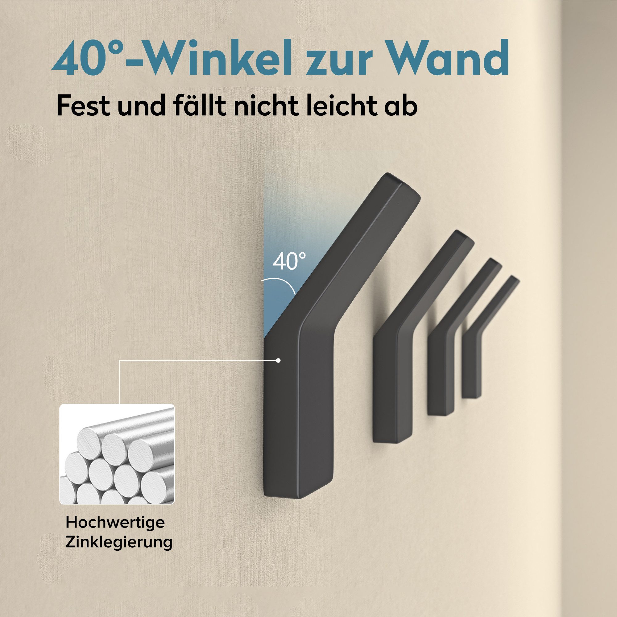 doporro Wandhaken Handtuchhaken Klebehaken aus Zinklegierung ohne Bohren Stalo-13, (4-St), 40° Wandneigung, Zinklegierung in einem Stück gegossen