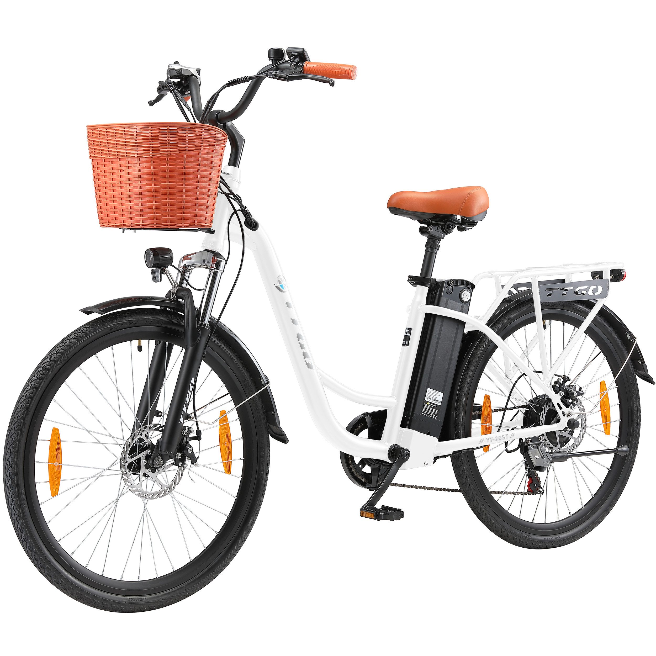 Vankel E-Bike Cityrad für Damen und Herren 26*1,75'', 522 Wh, 60-80km, Scheibenbremse, 6 Gang Shimano Shimano Schaltwerk, Kettenschaltung, Heckmotor, 522 Wh, (abnehmbarer Batterie, mit LED-Display, mit Korb und Gepäckträger), Federgabel, Pedelec E-Citybike, Elektrofahrrad mit Wellenrahmen