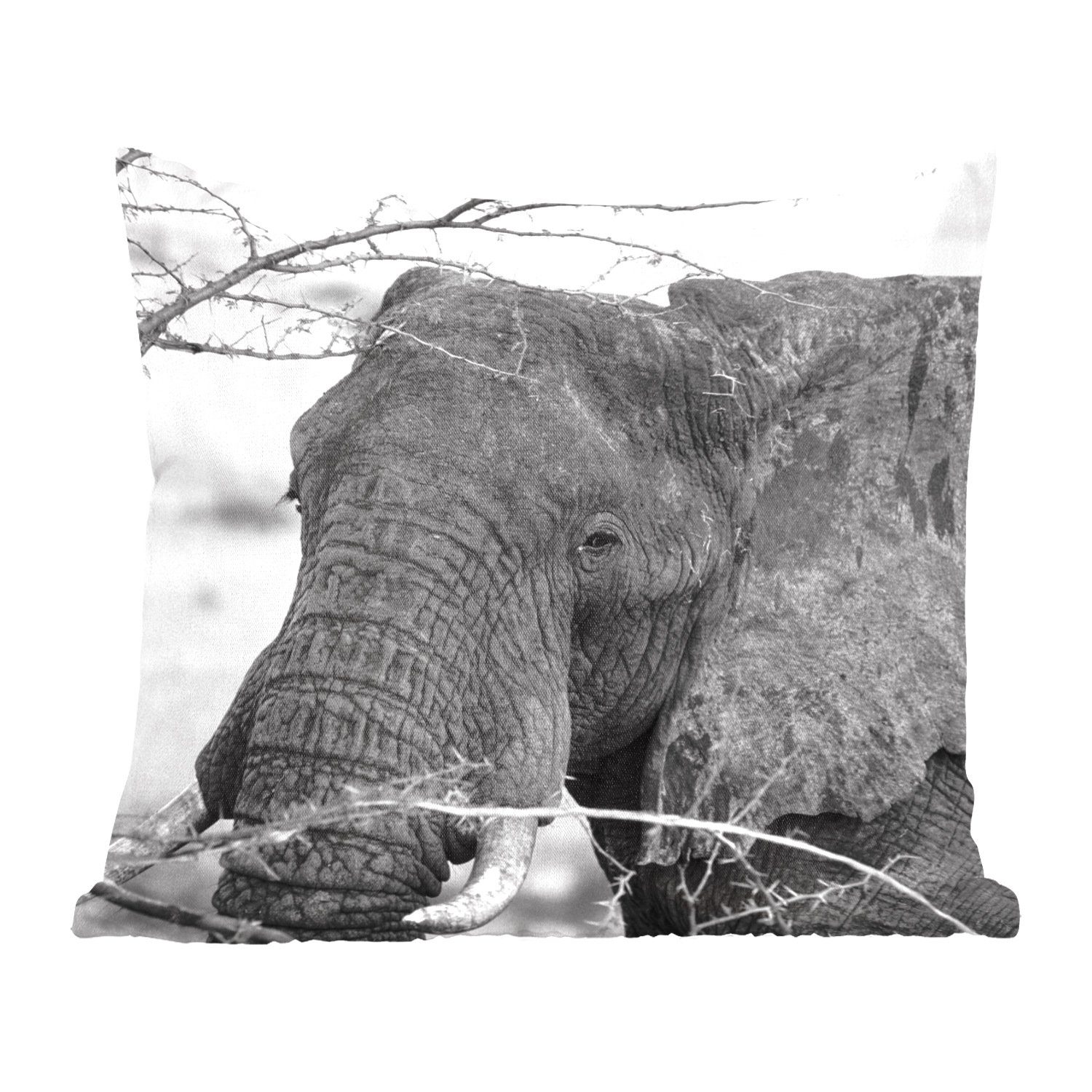 MuchoWow Dekokissen Elefant - Tiere - Äste - Natur - Schwarz und weiß, Zierkissen mit Füllung für Wohzimmer, Schlafzimmer, Deko, Sofakissen