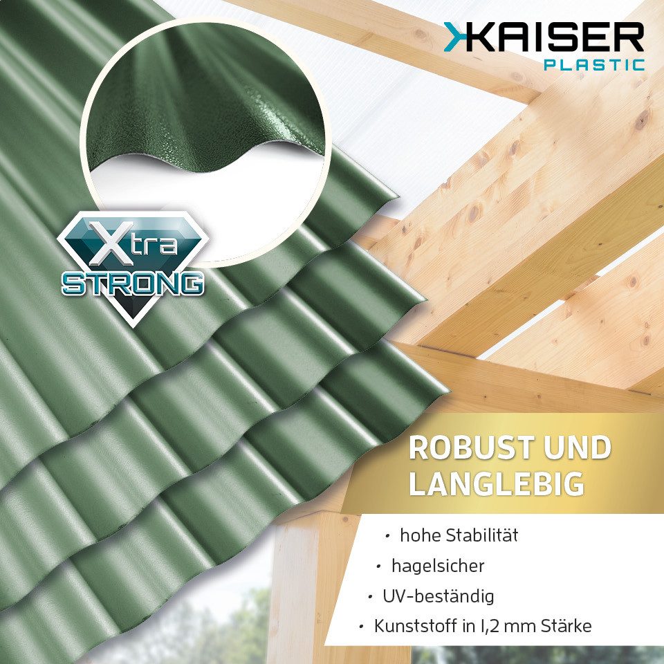 Kaiser plastic Wellplatte in verschiedenen Größen & Farben - Extra Robust (PC), 1,2 mm, (Dachplatten C-Struktur 1,2mm Stärke, Sinus 76/18 Welldach, 1-St., Lichtwellplatten), Made in Germany - Hagelfest & UV-Schutz - Grün - Größe: 90 x 83 cm