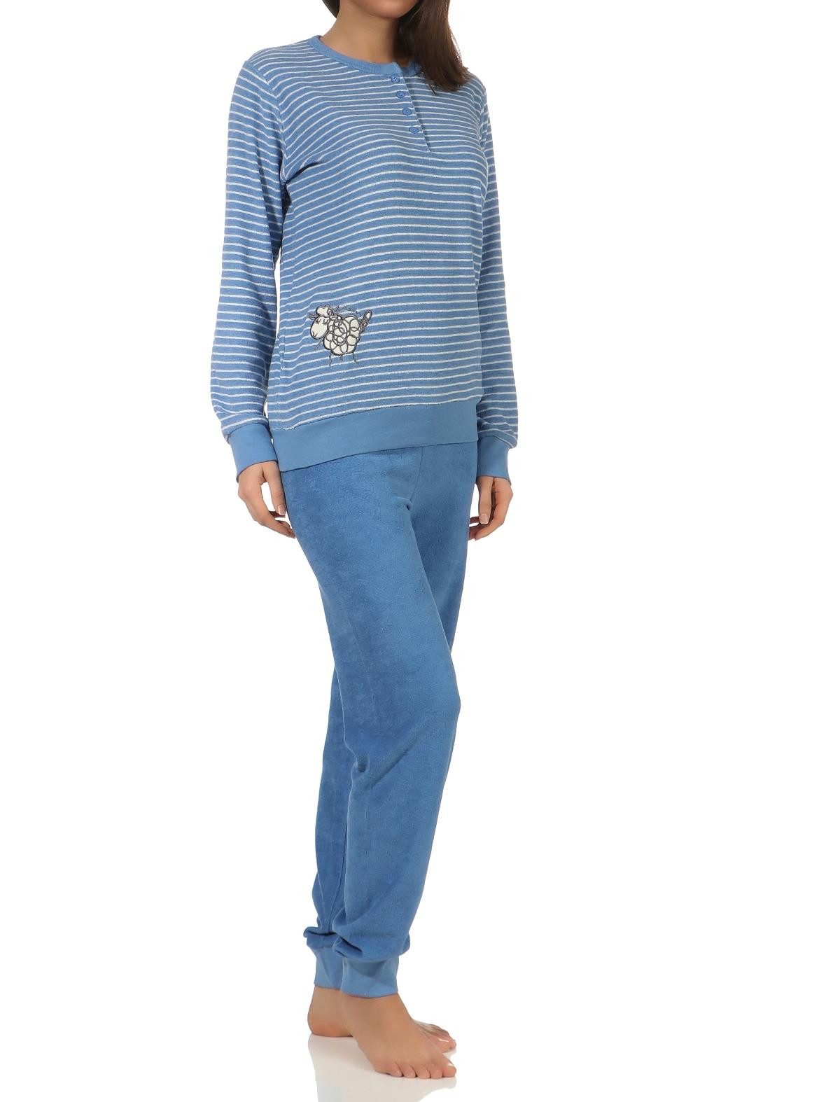 Normann Pyjama Damen Frottee Schlafanzug mit Bündchen und süsser Tier Applikation