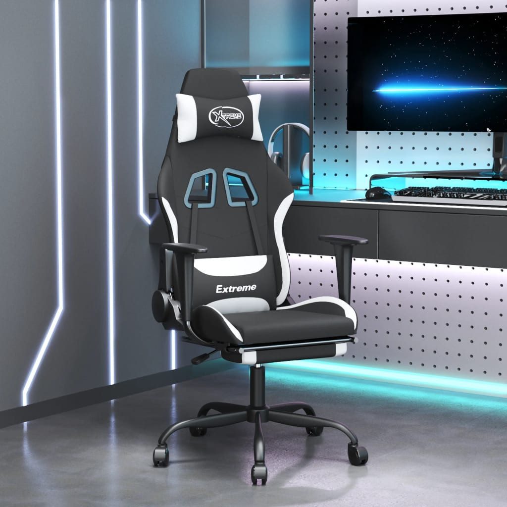 vidaXL Bürostuhl Gaming-Stuhl mit Fußstütze Drehbar Schwarz und Weiß Stoff Gamingstuhl
