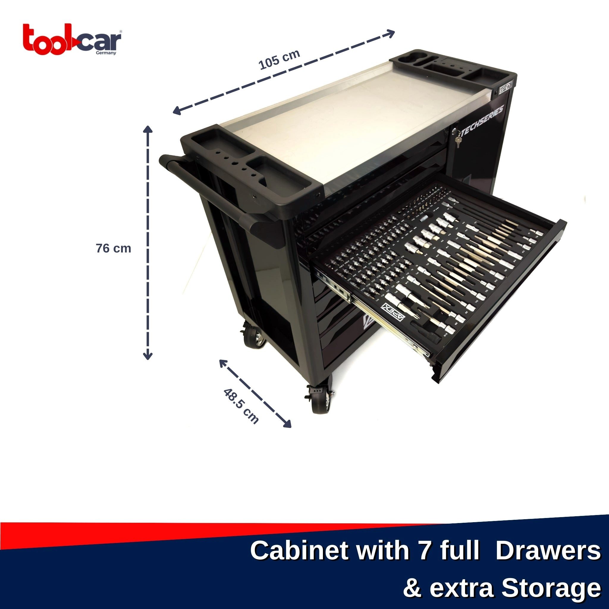 Toolcar Werkzeugwagen Werkstattwagen 7 Schubladen -7 befüllt/bestückt/gefüllt mit Werkzeug, abschließbar, kugelgelagerte Rollen, Chrom-Vanadium-Stahl, stabil, max. Traglast:35 kg, 350-tlg. Werkzeugset, (Soft-Close, kugelgelagert, Zentralverriegelung, 4 Rollen, 350-tlg., EVA-sortiert: Steck/Ratschen, Torx, Schraubendreher, Zangen), Seitenschrank, Arbeitsplatte mit Ablagen, Fußbremse