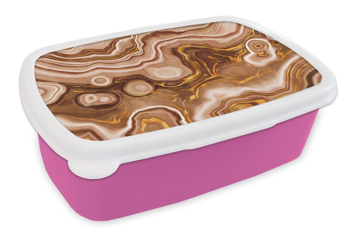 MuchoWow Lunchbox Marmor - Golden - Kreis, Kunststoff, (2-tlg), Brotbox für Erwachsene, Brotdose Kinder, Snackbox, Mädchen, Kunststoff rosa