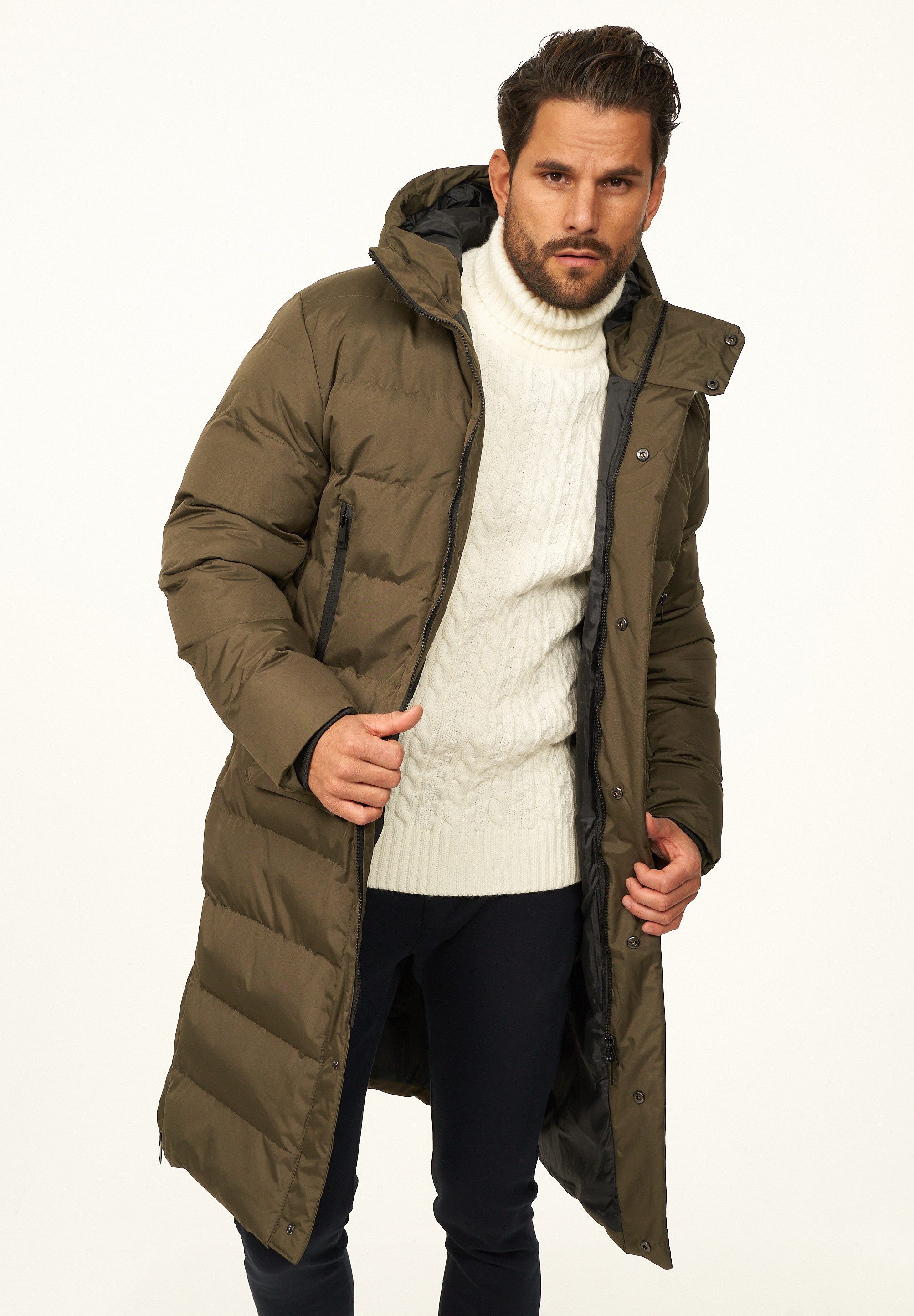 OneRedox Parka mit Kapuze als Winterjacke - Langer Steppmantel Herren warme Pufferjacke Steppjacke - Langer Wintermantel