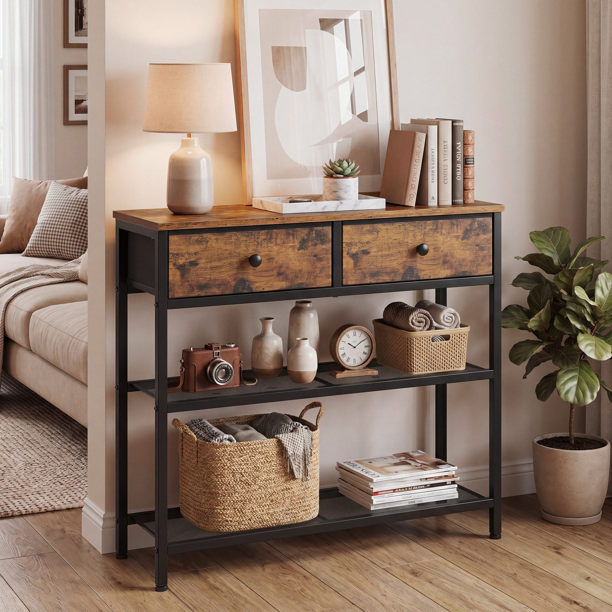 SONGMICS Konsolentisch Beistelltisch mit 2 Gitterablagen, Wohnzimmer, Eingangsbereich, Flur, mit 2 Stoffschubladen, für Wohnzimmer, 30 x 76,7 x 78,7 cm