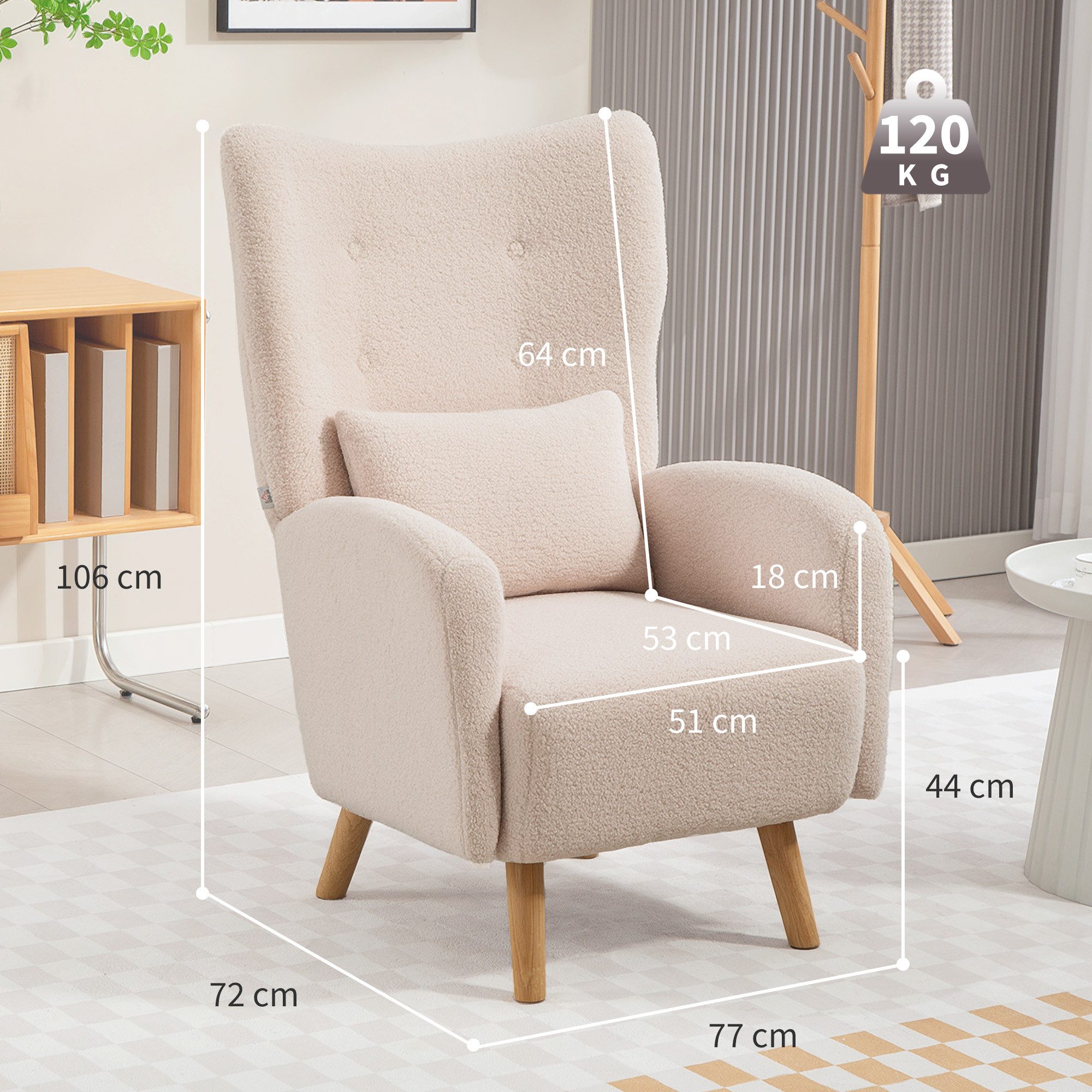 HOMCOM Relaxsessel Ohrensessel mit Lendenkissen, Geplosterter Sessel, Holzbeine (Loungesessel, 1-St., Relaxsessel), für Wohnzimmer, Schlafzimmer, Beige