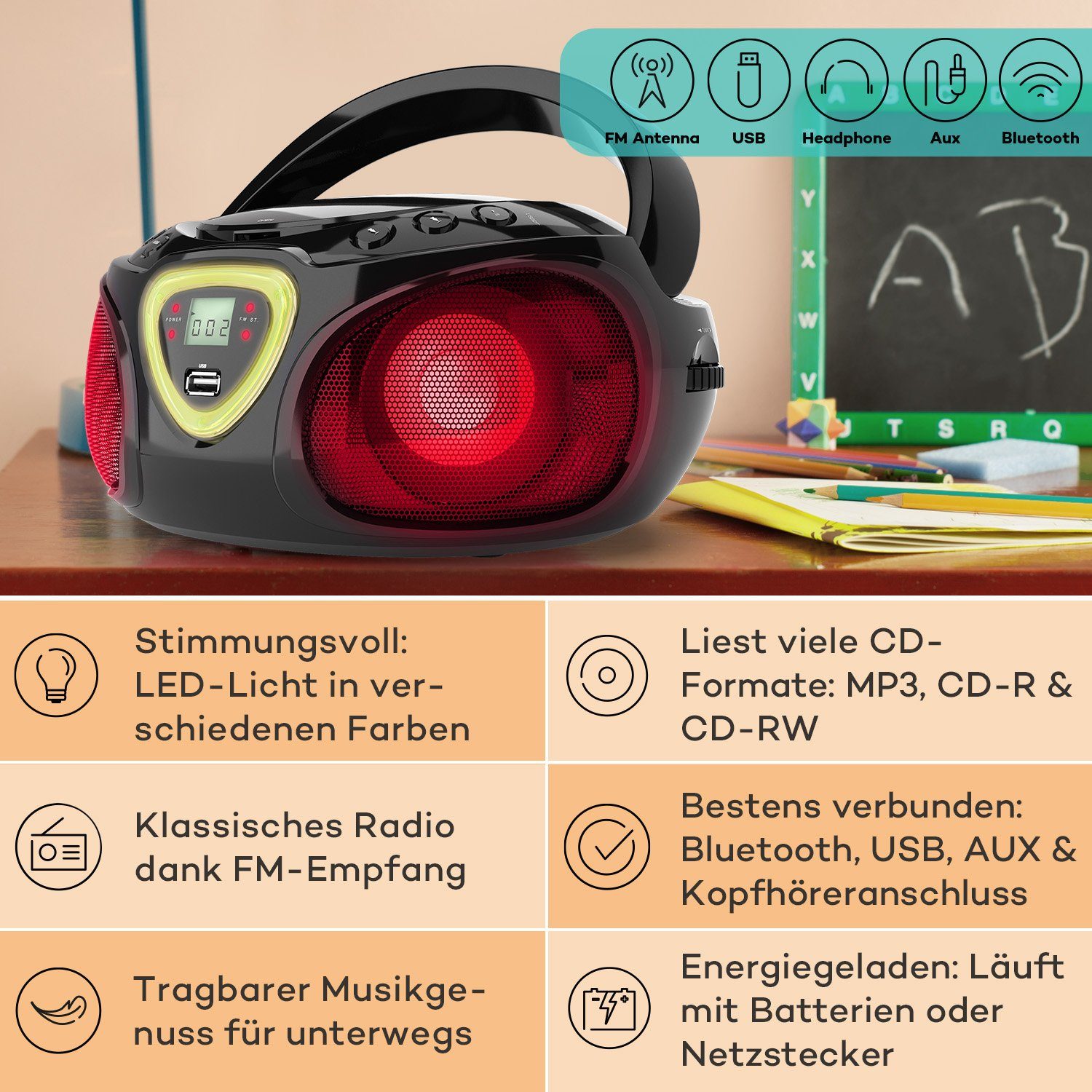 Auna Roadie CD Spieler Kinder Soundbox) CD Musikbox Player Bluetooth Schwarz (FM-Radio, Radio Radio tragbar