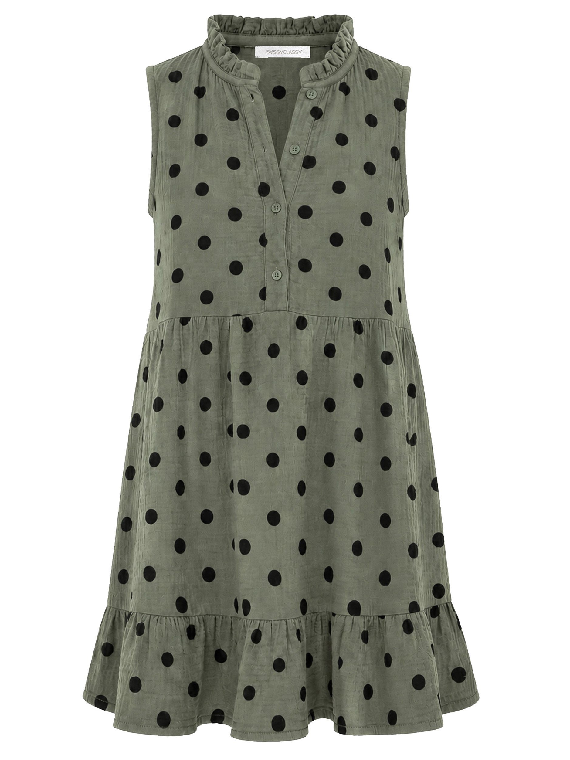 SASSYCLASSY Midikleid Ärmelloses Musselinkleid mit Volants für Damen Luftiges Sommerkleid aus Musselin in Punkte Print mit Stehkragen