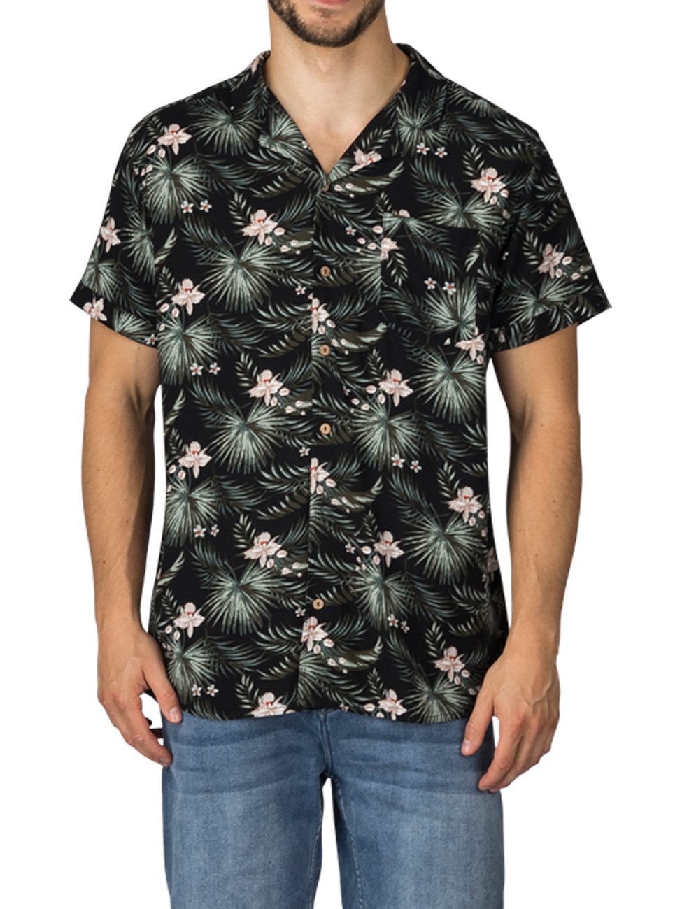 Redmond ruimvallend overhemd korte mouw 100% katoen button-down knopen en borstzak met print Donkerblauw