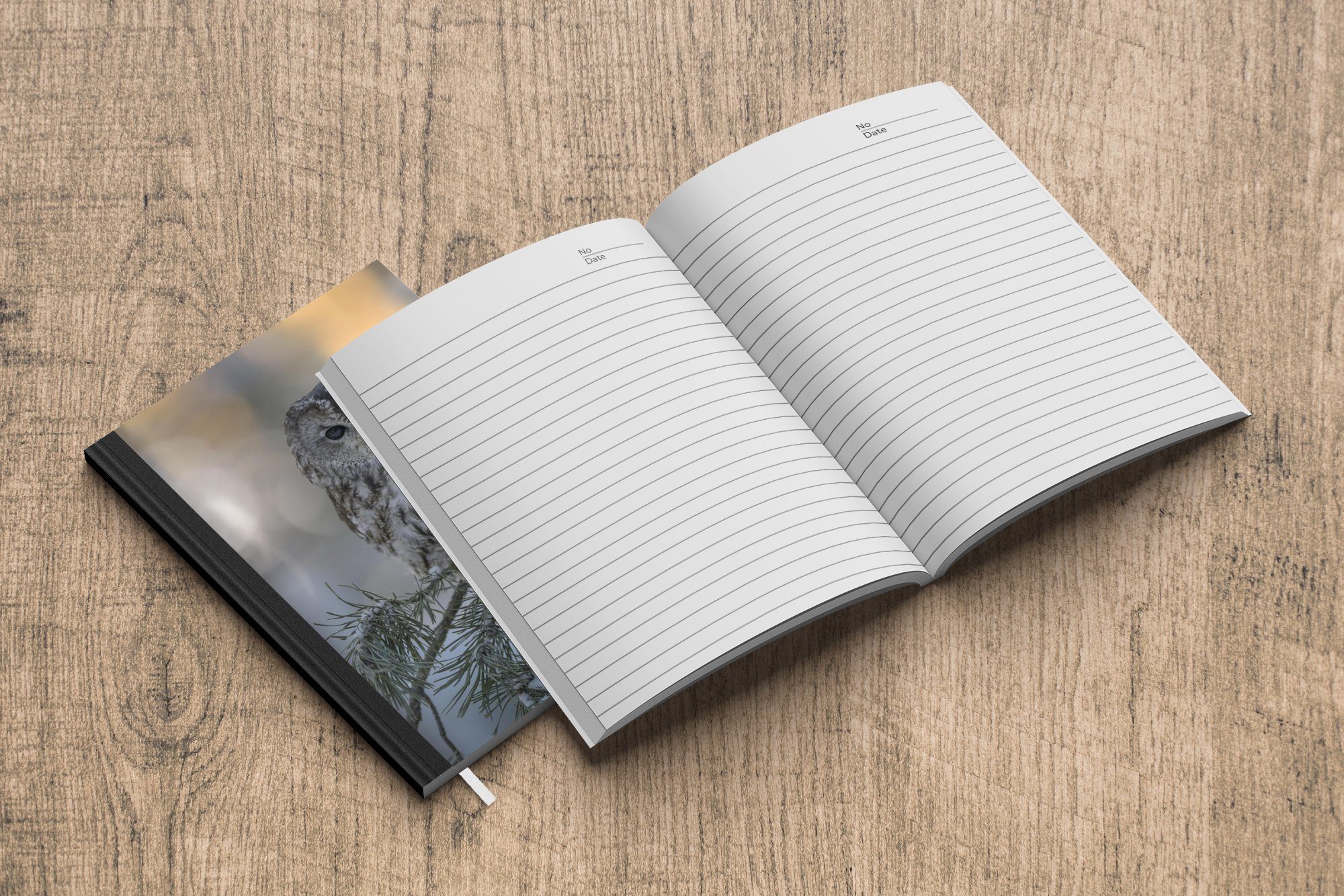Nahaufnahme Journal, MuchoWow Tagebuch, auf Haushaltsbuch A5, einem eines Merkzettel, verschneiten Waldkauzes Ast, Seiten, Notizbuch 98 Notizheft,