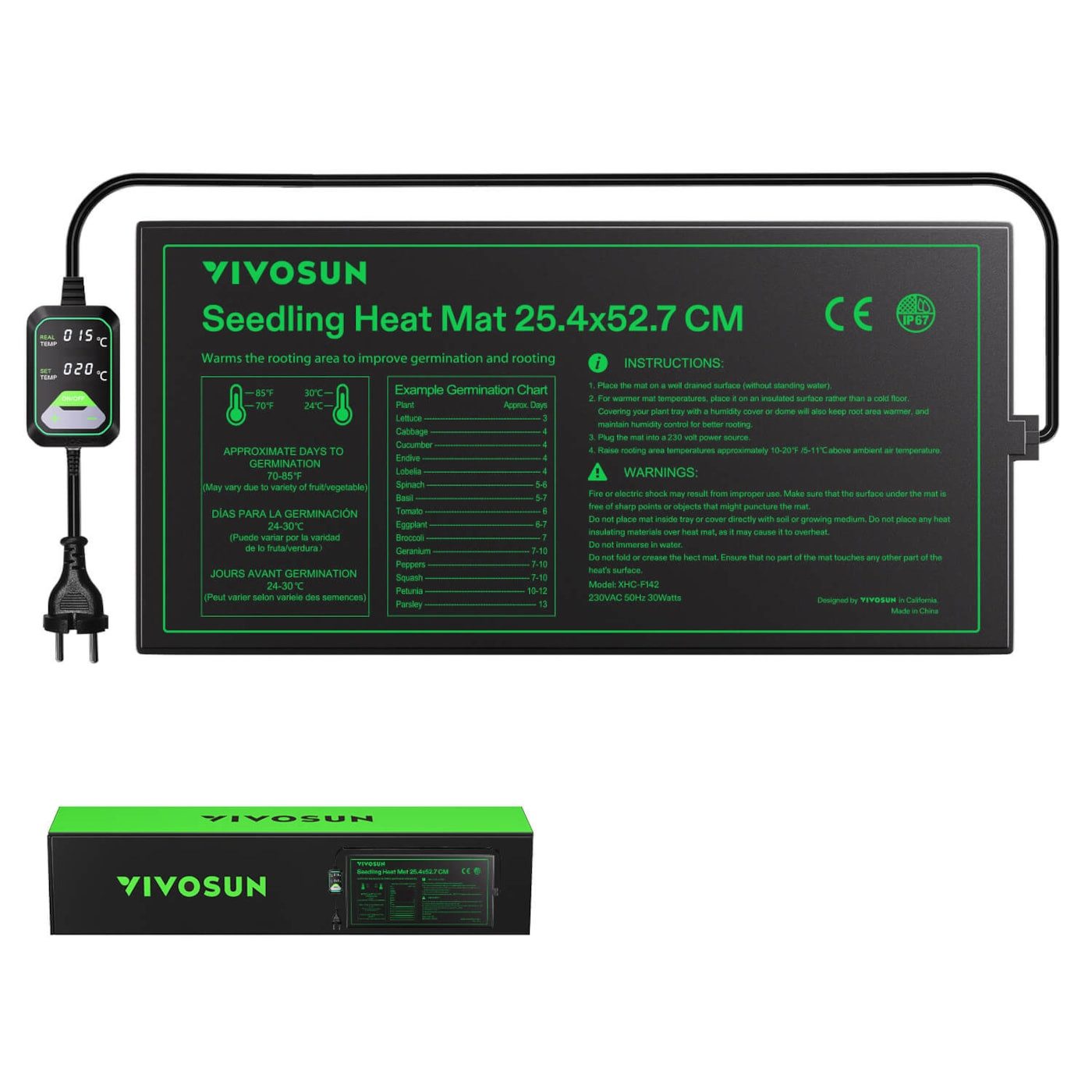 VIVOSUN Нагревательные маты VIVOSUN Heizmatte 25 × 53 cm mit digitalem Thermostat, Heizmatte mit digitalem Thermostat, Schnelles Aufheizen auf ca. 40 °C