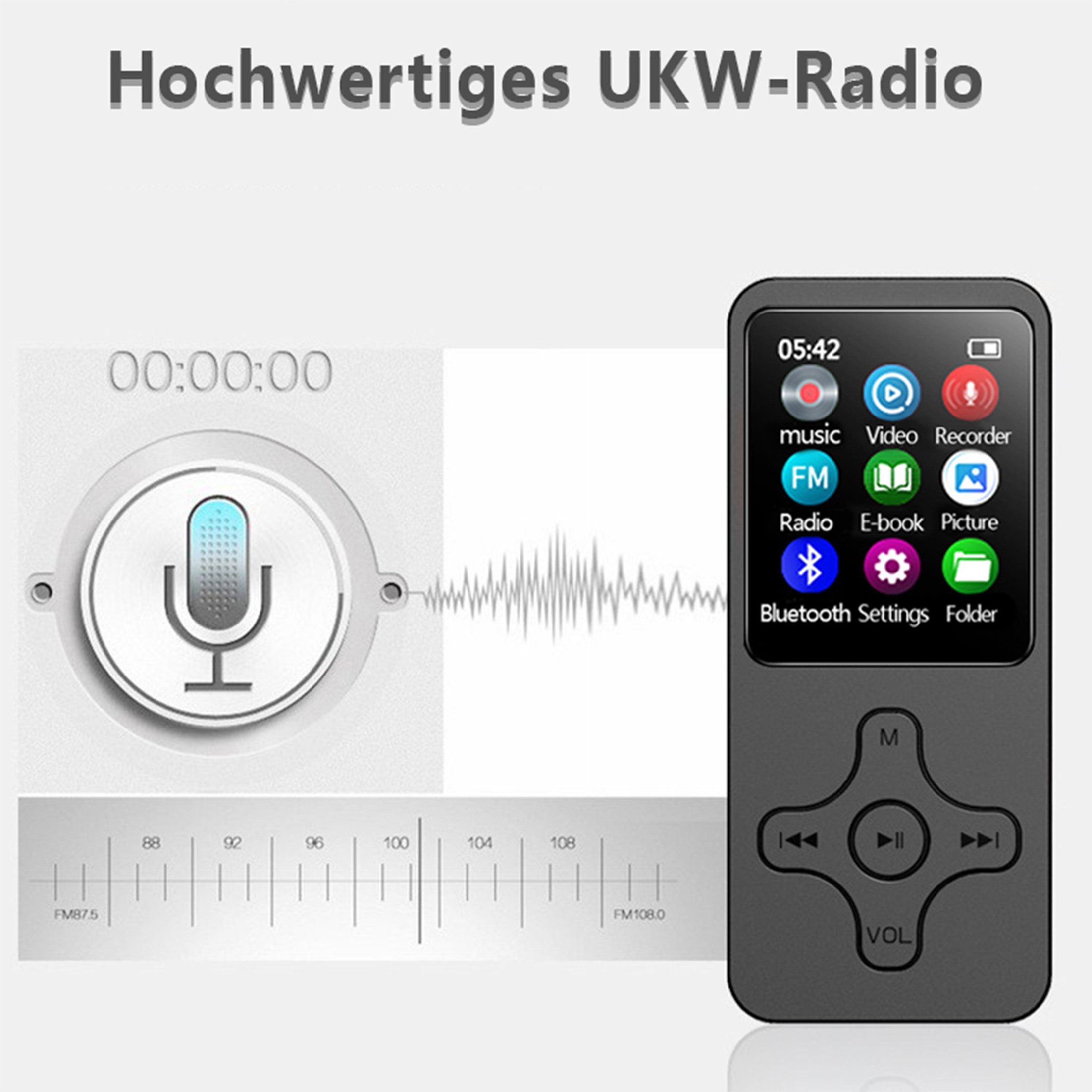 KINSI Bluetooth MP3/MP4 Player 1,8" Display, Tragbarer Musikplayer MP4-Player (16 GB, mit Aufnahme, Wecker, E-Book & individuellem Kreuzdesign)