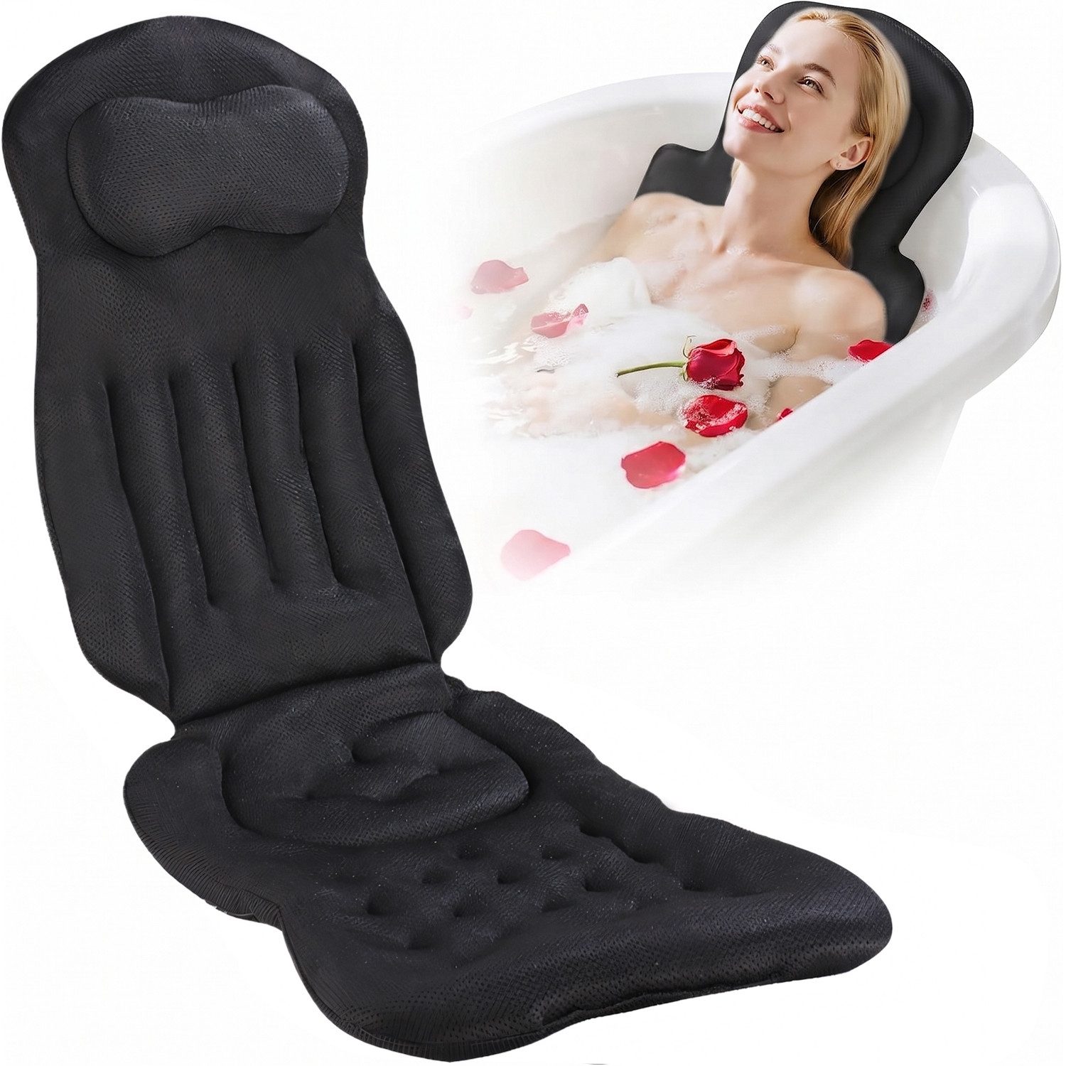 HEYHIPPO Badewannenkissen 4D Badewannenkissen,atmungsaktiv,mit Kopfstütze & Saugnäpfen, schwarz, Ergonomisches Ganzkörper– stützt Kopf, Schultern, Rücken & Gesäß, Badekissen – 104×38 cm, Mesh-Material, rutschfest, maschinenwaschbar