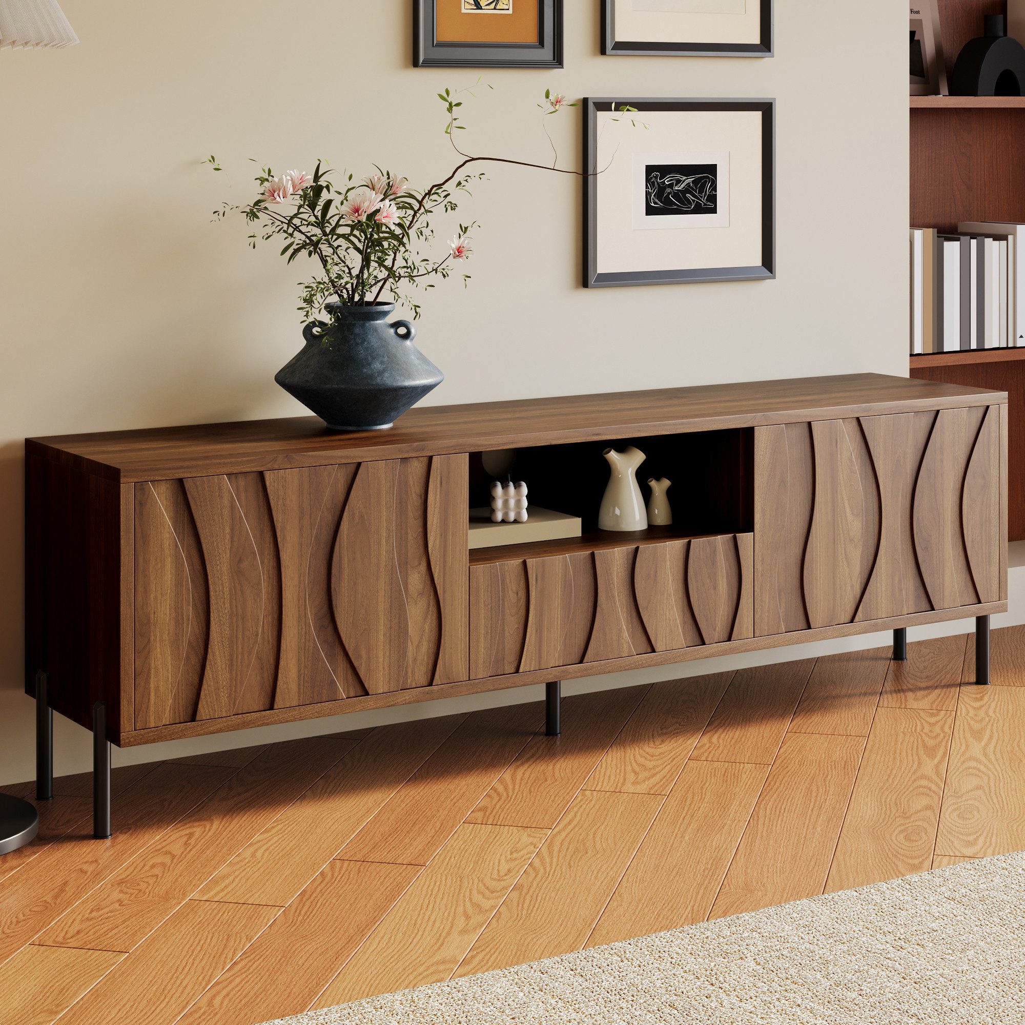 STILVORA Wohnzimmer-Set mit Doppeltüren,Niedriger Schrank Lowboard mit Regal&Klapptüren, (Packung, 1-St., Drei Türen, vier Fächer und vier eiserne Beine), Vorgebohrte Kabeldurchführungen,wellenförmige Schranktüren