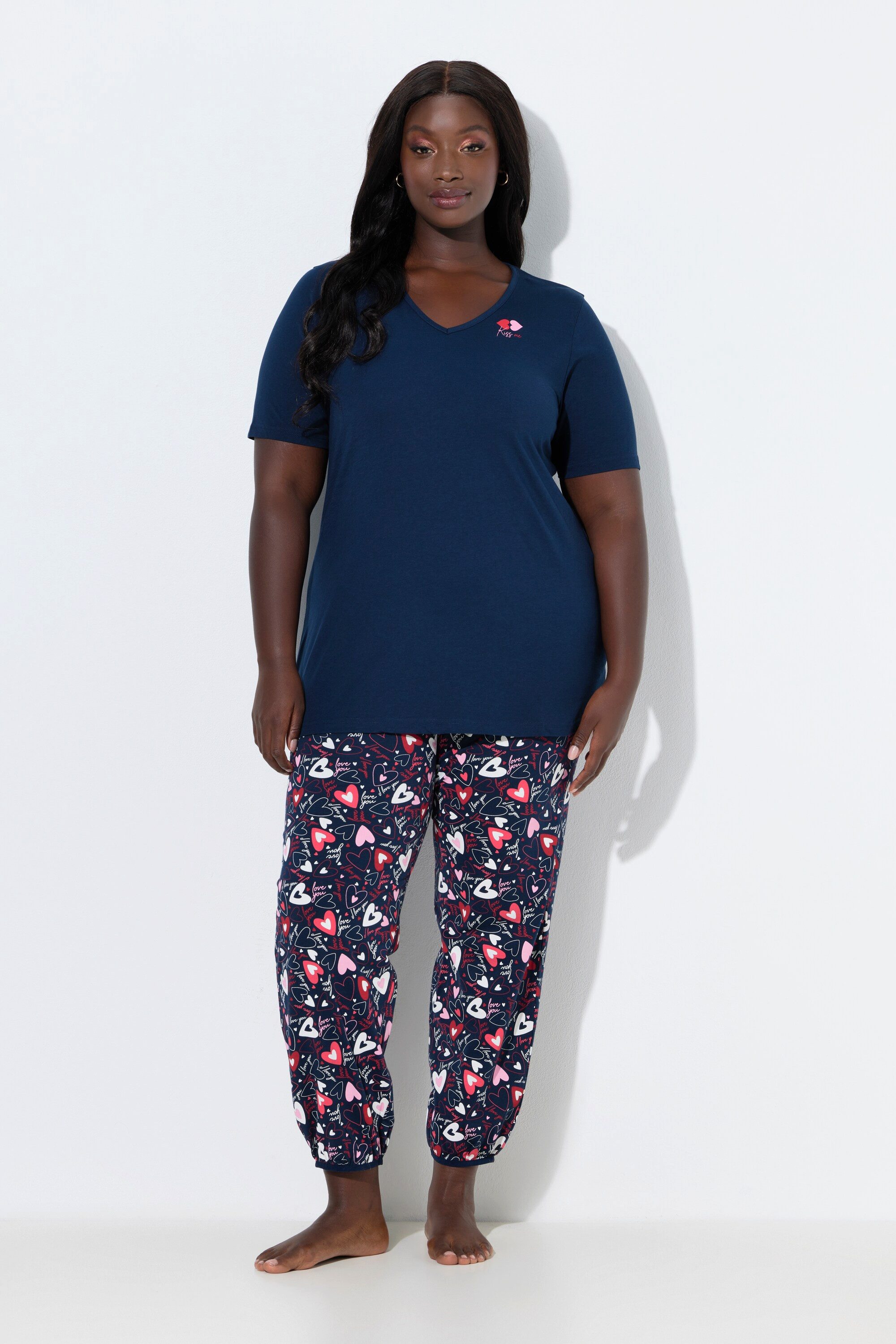 Ulla Popken Pyjama Pyjama Herzen V-Ausschnitt Halbarm günstig online kaufen