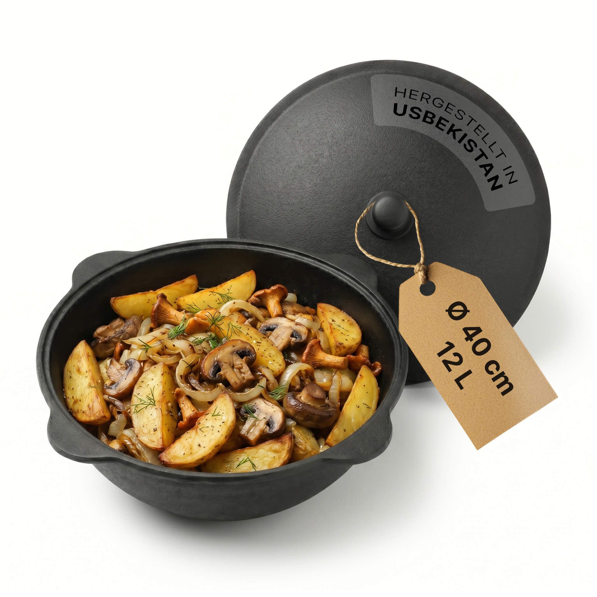 4BIG.fun Grilltopf Gusseisen Kasan 12L NAMANGAN Grilltopf WOK Uzbek Kazan Kessel, Gusseisen (Gusseisener Kasan mit Deckel)