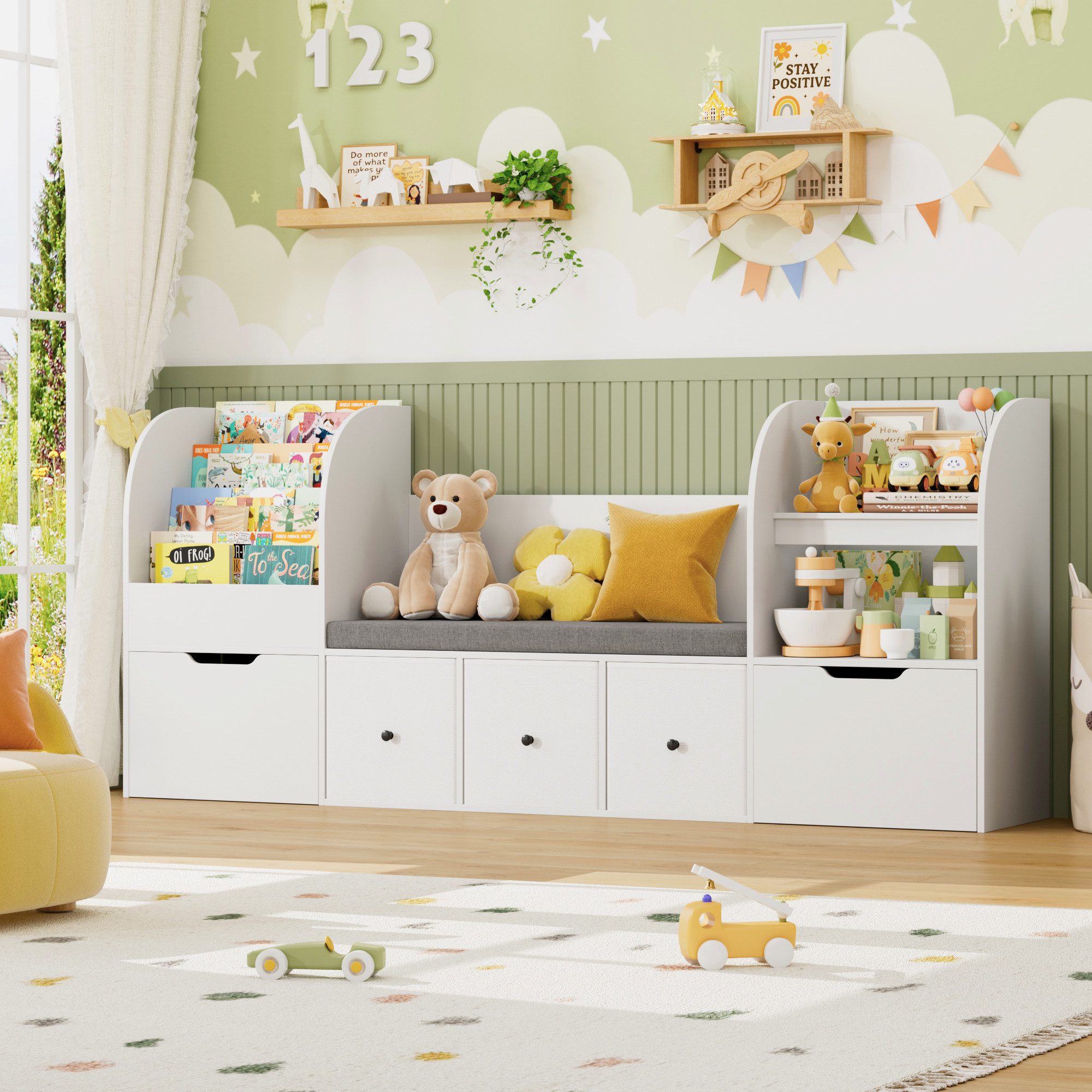 Homfa Kinderregal 180cm Sitzbank für Kinder mit 2 Schubladen auf Räder & 3 Stoffboxen, Spielzeugregal,Spielzeugtruhe, Kinderregal mit Bücherregal 180x35x80cm – Bild 4 von 5