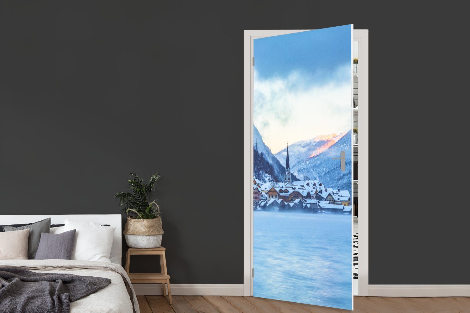 MuchoWow Türtapete Alpen - Dorf bedruckt, Tür, für Fototapete Schnee, Türaufkleber, 75x205 Matt, St), cm (1 