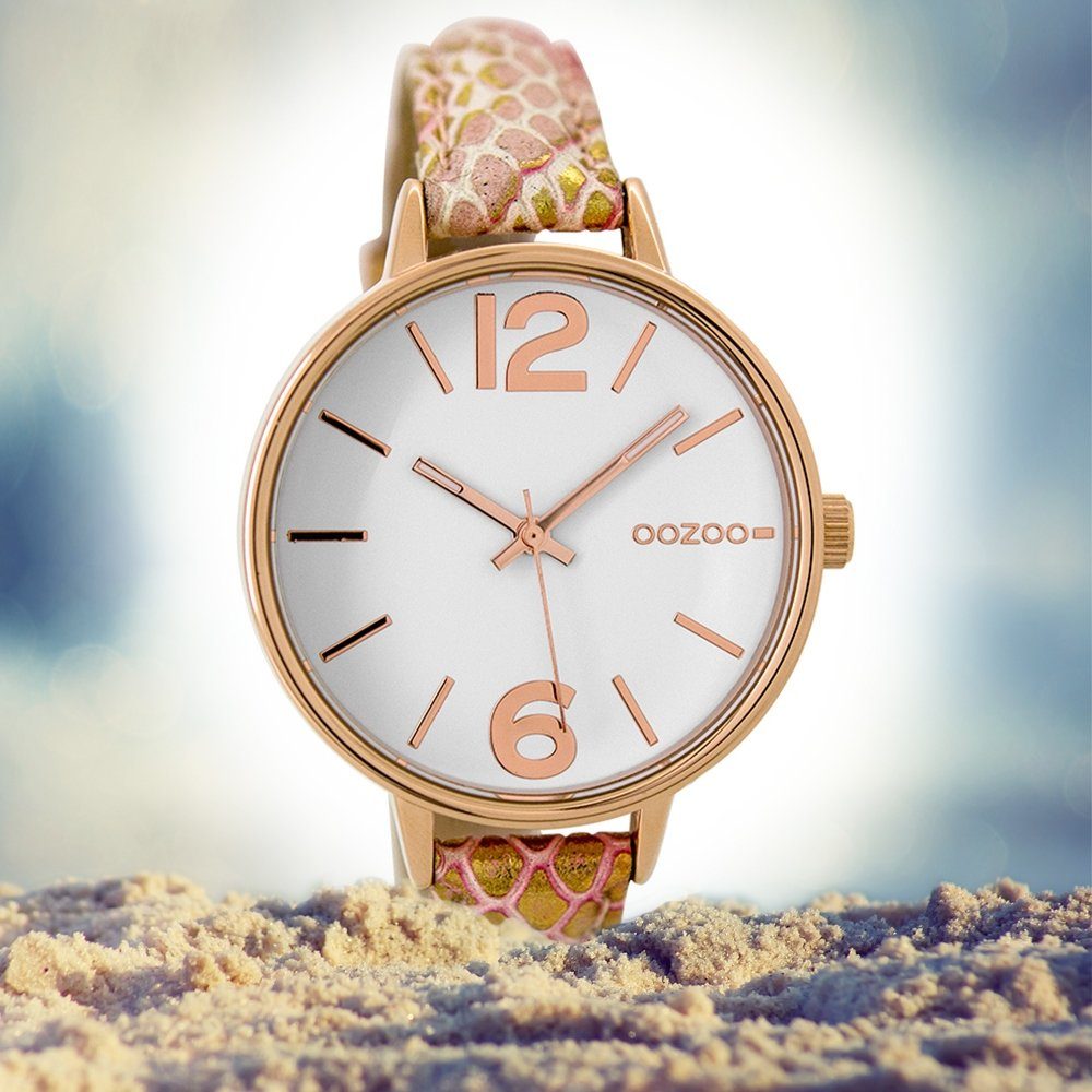 Damenuhr 38mm) rund, Fashion-Style mittel Armbanduhr (ca. OOZOO Quarzuhr gold, pink Damen Oozoo Lederarmband,