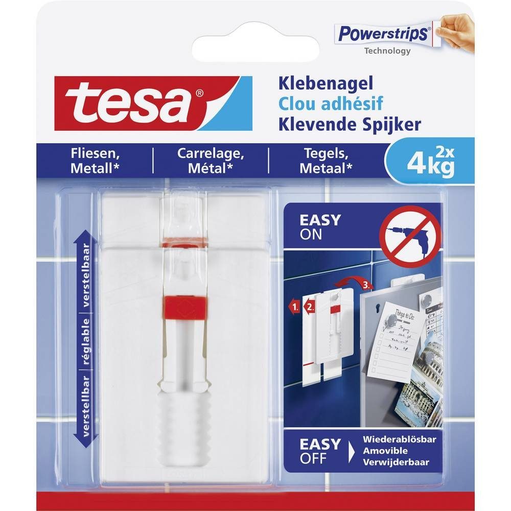 tesa Klebehaken Klebenagel verstellbar, für Fliesen, für Metall, lösbar, verstellbar