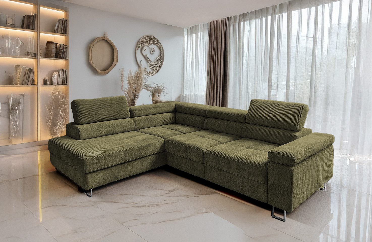 Goldstoff Ecksofa mit Schlaffunktion, Cord Couch günstig online kaufen
