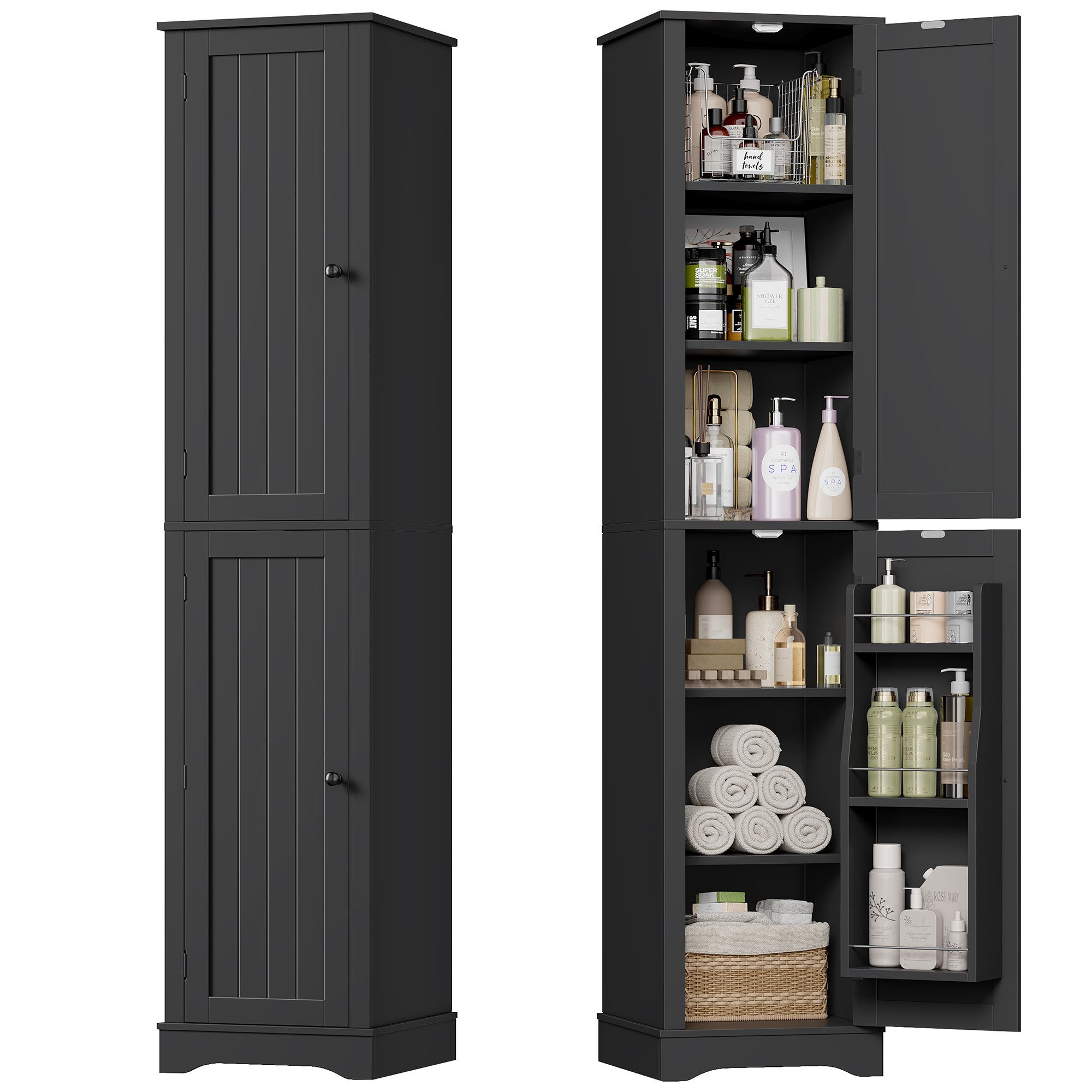 Homfa Hochschrank Badezimmerschrank Badschrank Küchenschrank mit 2 Türen und Türfächer, 40x30x180cm, Schwarz