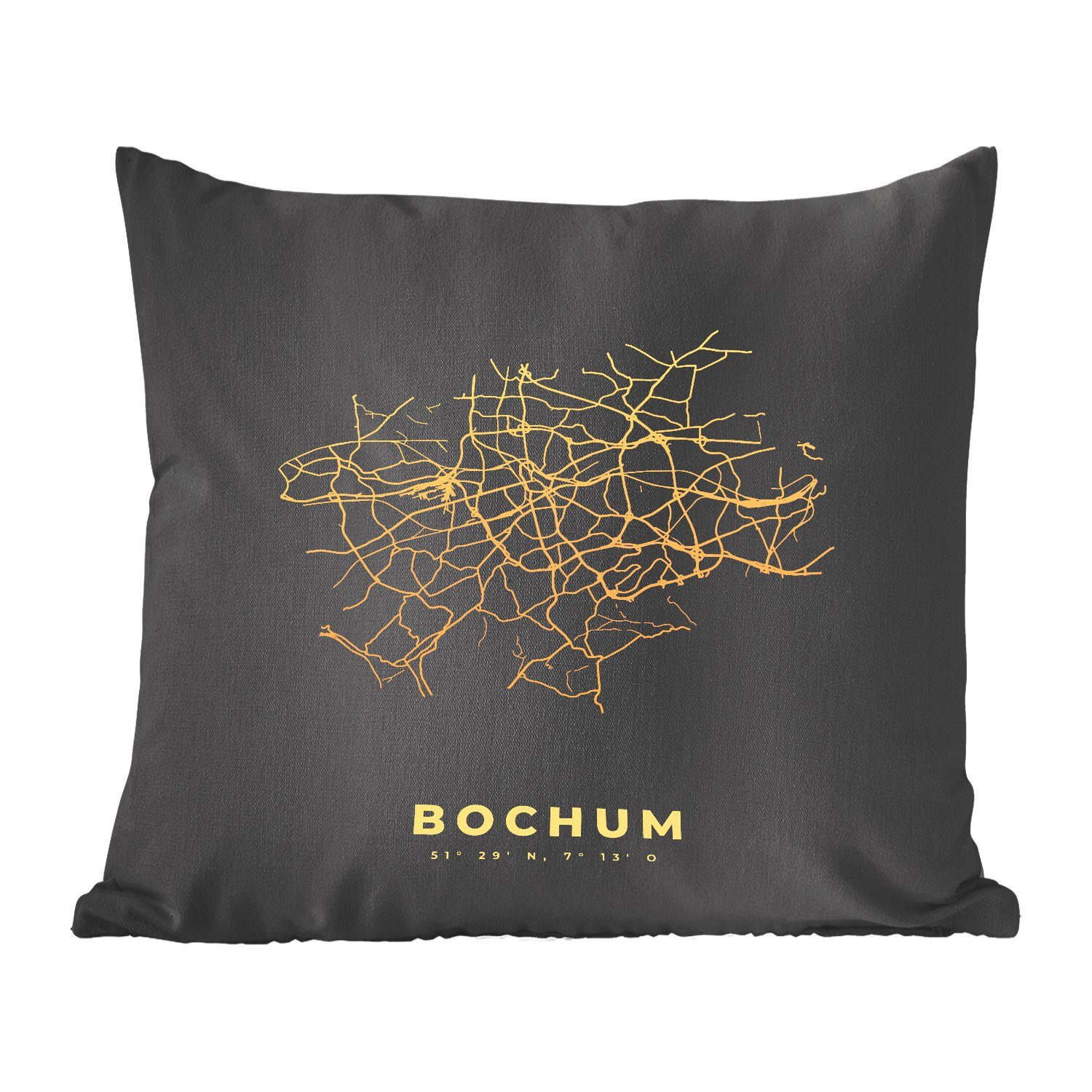 MuchoWow Dekokissen Bochum - Gold - Karte - Stadtplan, Zierkissen mit Füllung für Wohzimmer, Schlafzimmer, Deko, Sofakissen