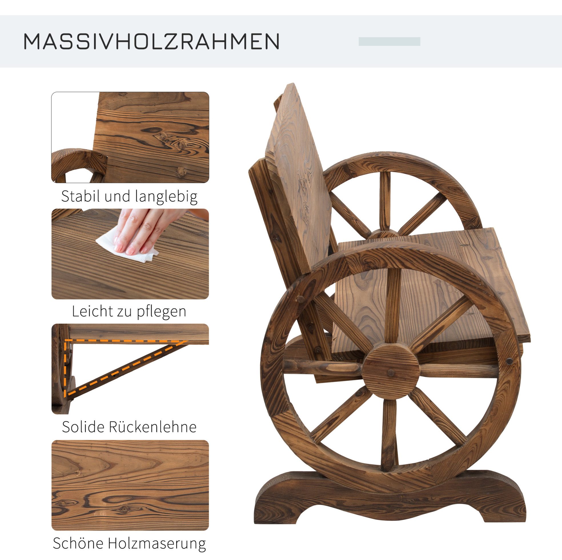 OKWISH Gartenbank Gartenstuhl 2-Sitzer Gartenbank Massivholz 114x58x80 cm Braun Rustikal (Packung, 1-St., Gartenmöbel bis 250 kg belastbar für Terrasse & Outdoor Bereich), Sitzbank mit Armlehne & Wagenräder-Design, stabile Holzkonstruktion