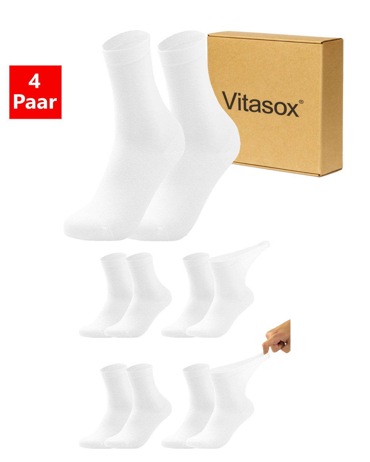 Vitasox Diabetikersocken für Damen - aus Baumwolle ohne Gummi, ohne Einschneiden und Abdrücken (4-Paar) mit weichem und dehnbarem Komfortbund