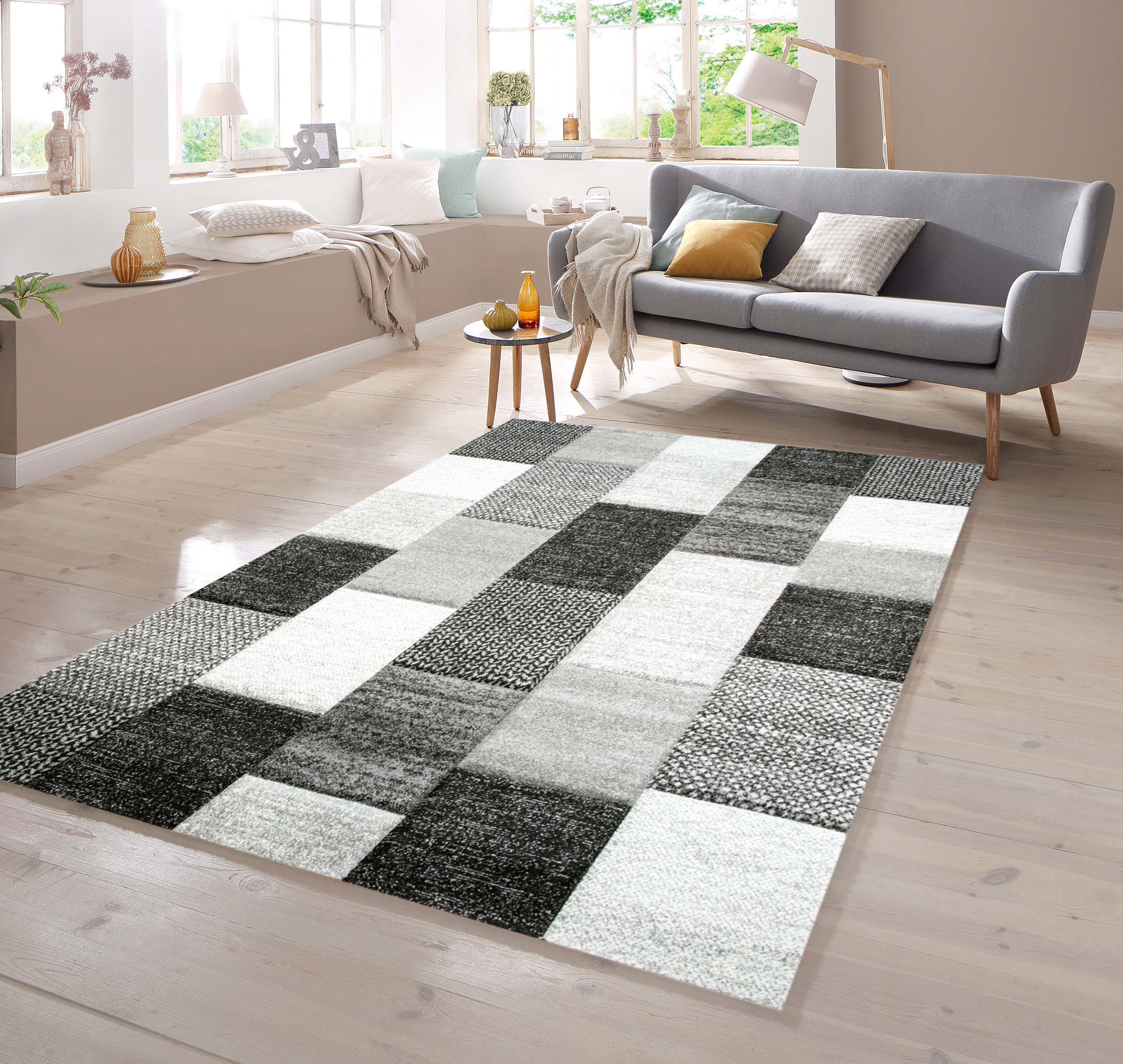 Teppich Designer Teppich mit Konturenschnitt Karo Muster Grau Weiß Schwarz, TeppichHome24, rechteckig