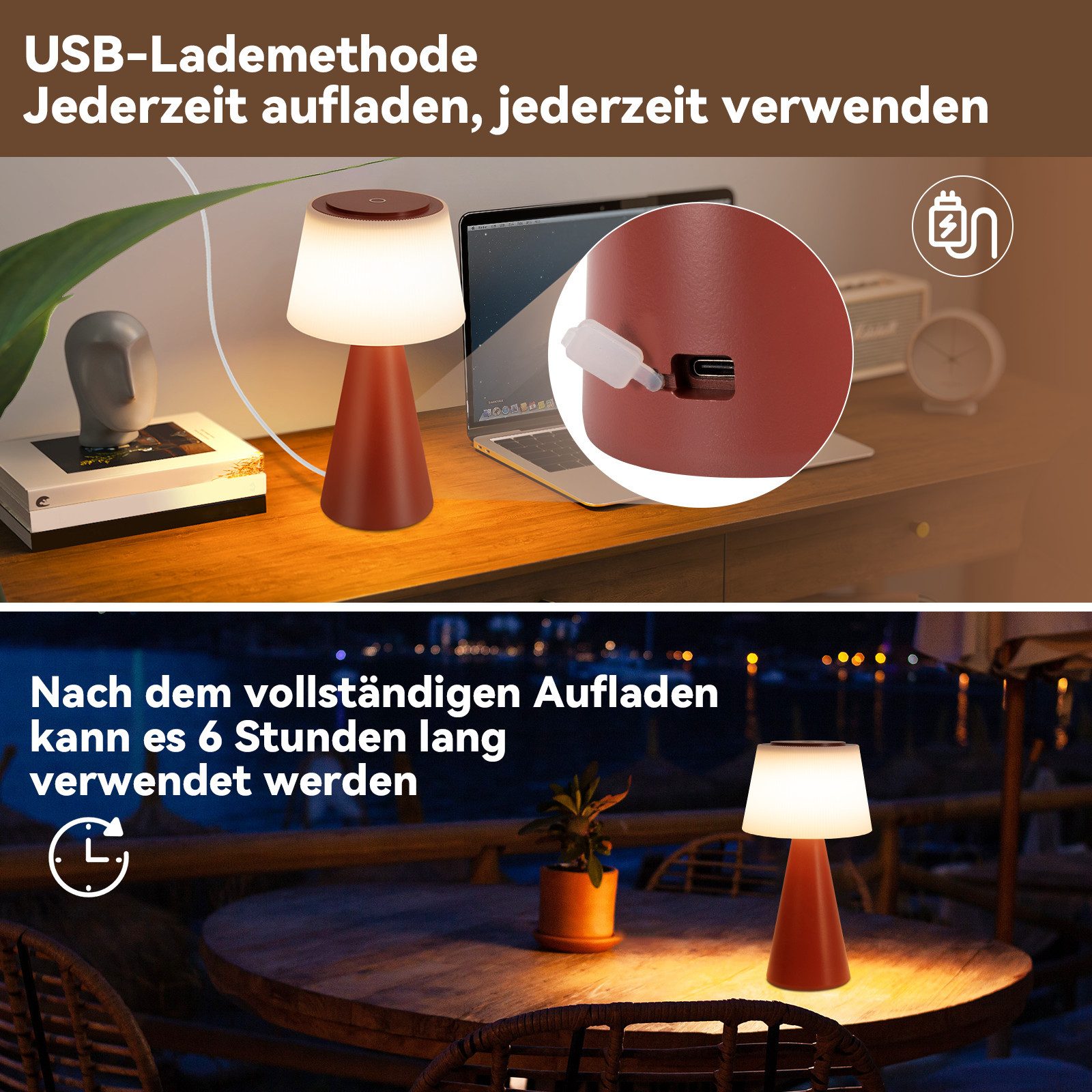 ZMH LED Tischleuchte kabellose Akku Tischlampe mit USB-C, Touch-Dimmer, 3 Helligkeitsstufen, Lichtfarbe 3000–6500 K, 3600 mAh, LED fest integriert, Warmweiß, fü – Bild 5 von 5