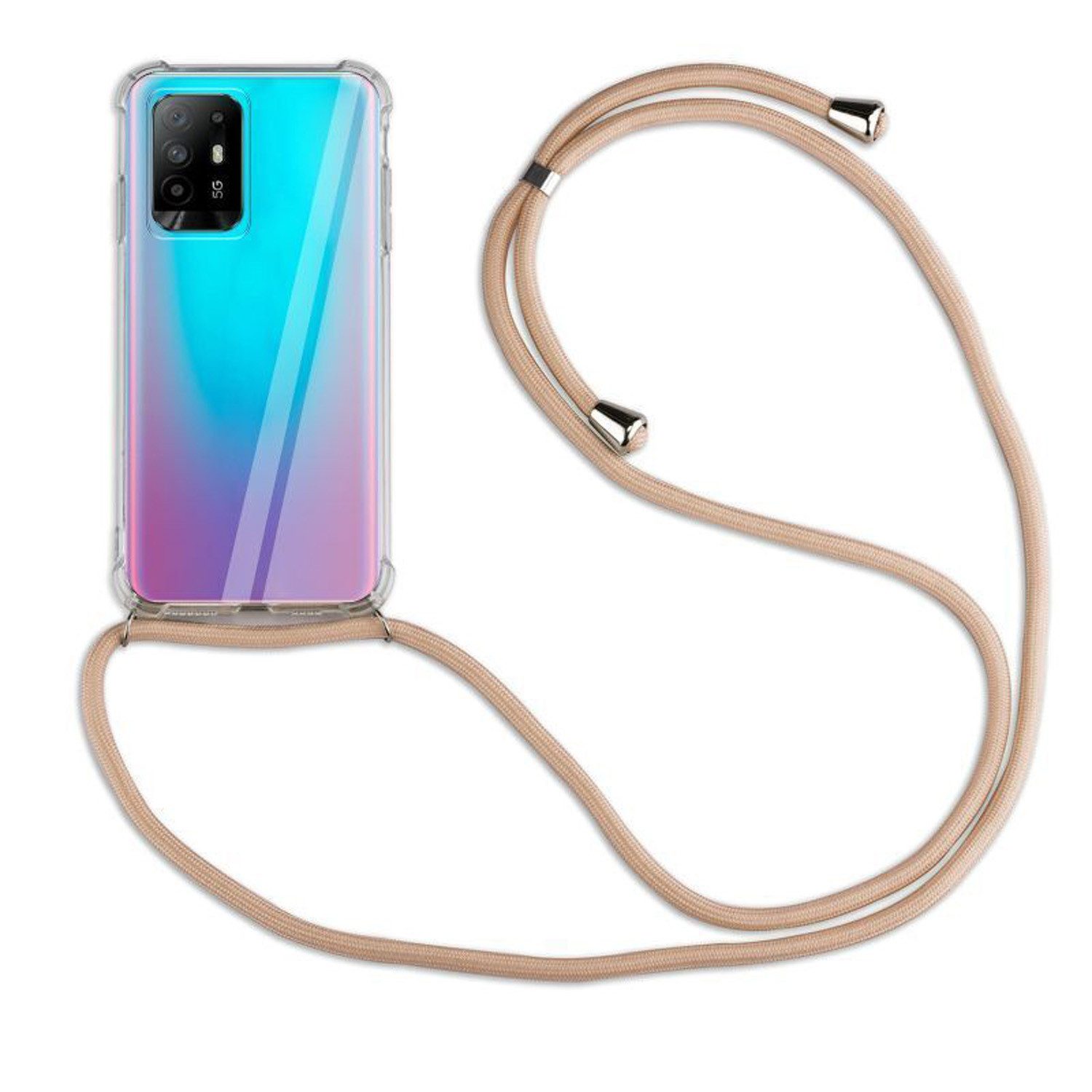betterfon Handykette für Oppo A94 5G Handyhülle mit Band & Kordel Bumper Beige/Braun, Hände frei – mit Silikonhülle & Schnur für flexiblen Alltag
