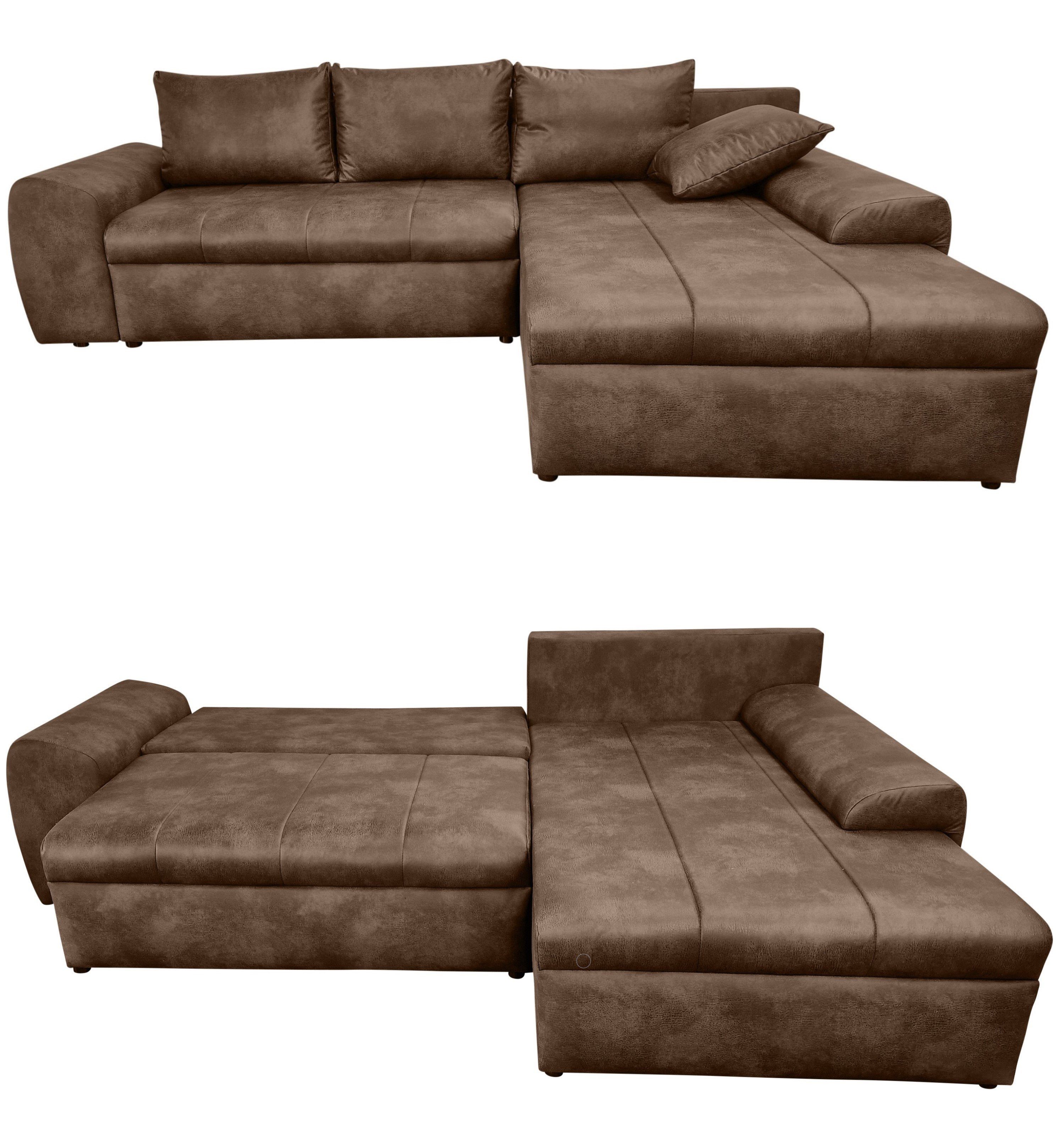 luma-home Ecksofa 18011, mit Bettfunktion 266x186 cm, Ottomane rechts, Federkern im Rücken, Wellenunterfederung, Bettkasten, Mikrofaser, Leder-Optik, Vintage Braun