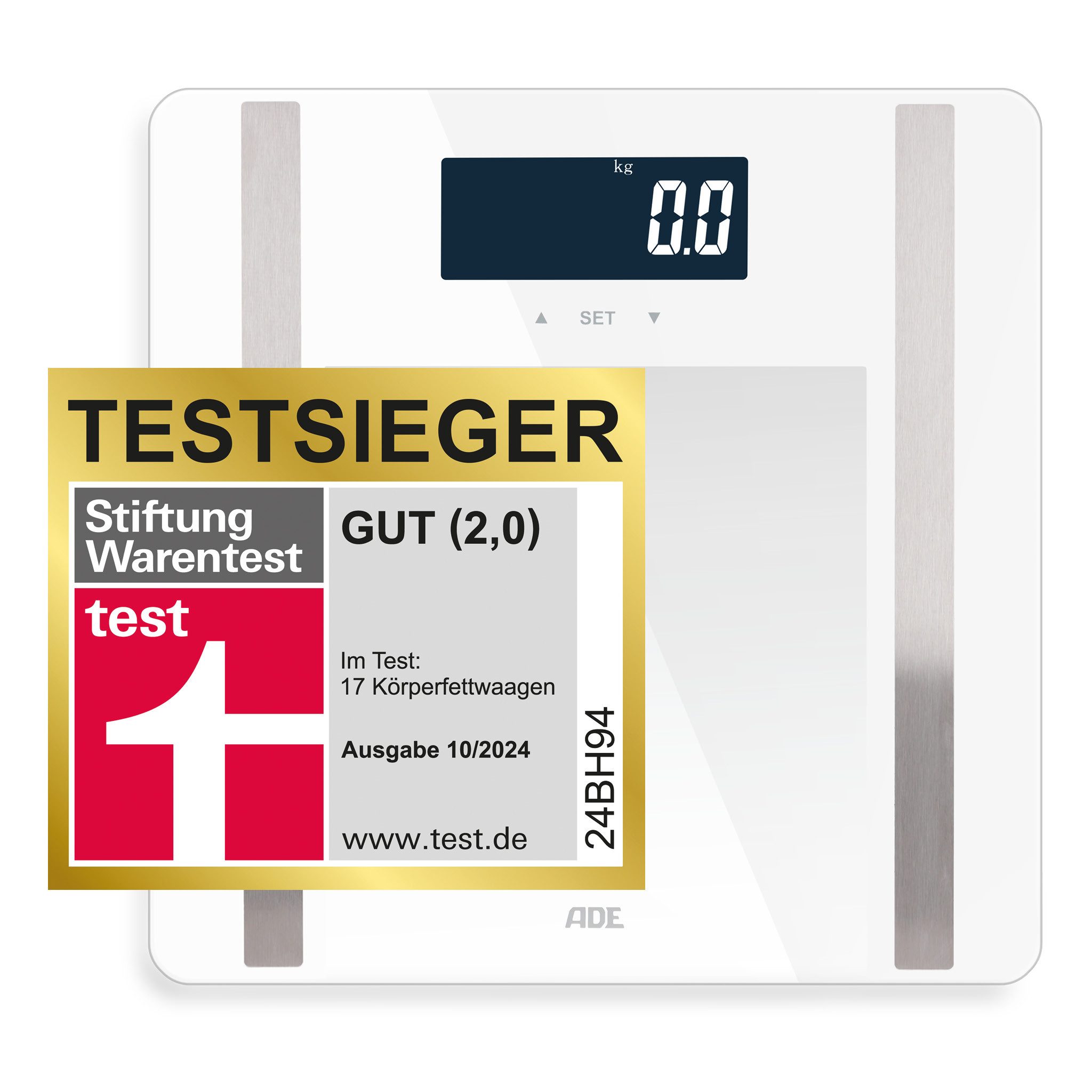 ADE Körper-Analyse-Waage Personenwaage digital Körperfettwaage Ines bis 200 kg, Körperwaage mit Körperfettanalyse, Testsieger Stiftung Warentest