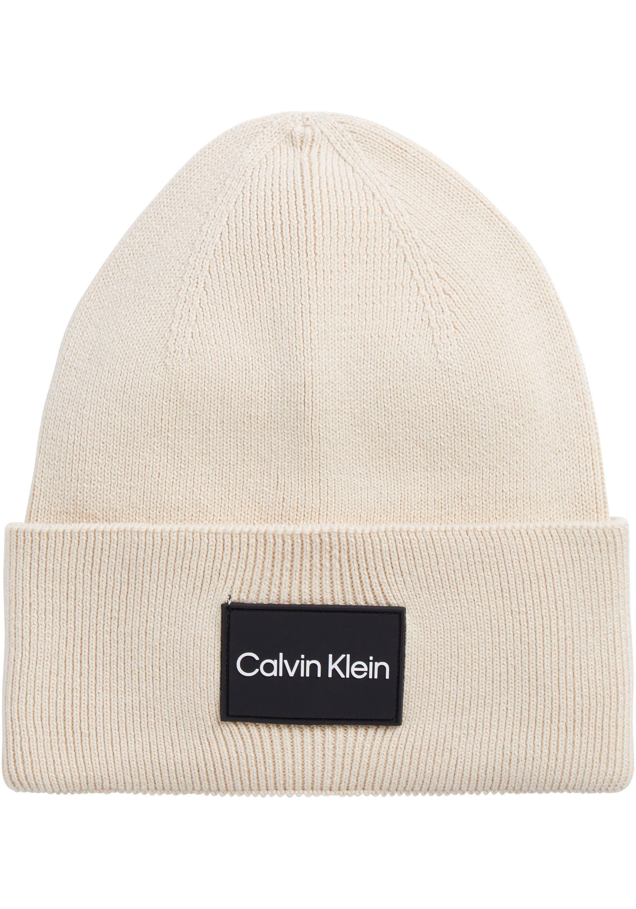 Calvin Klein Beanie FINE Stony mit Beige COTTON Logopatch RIB BEANIE