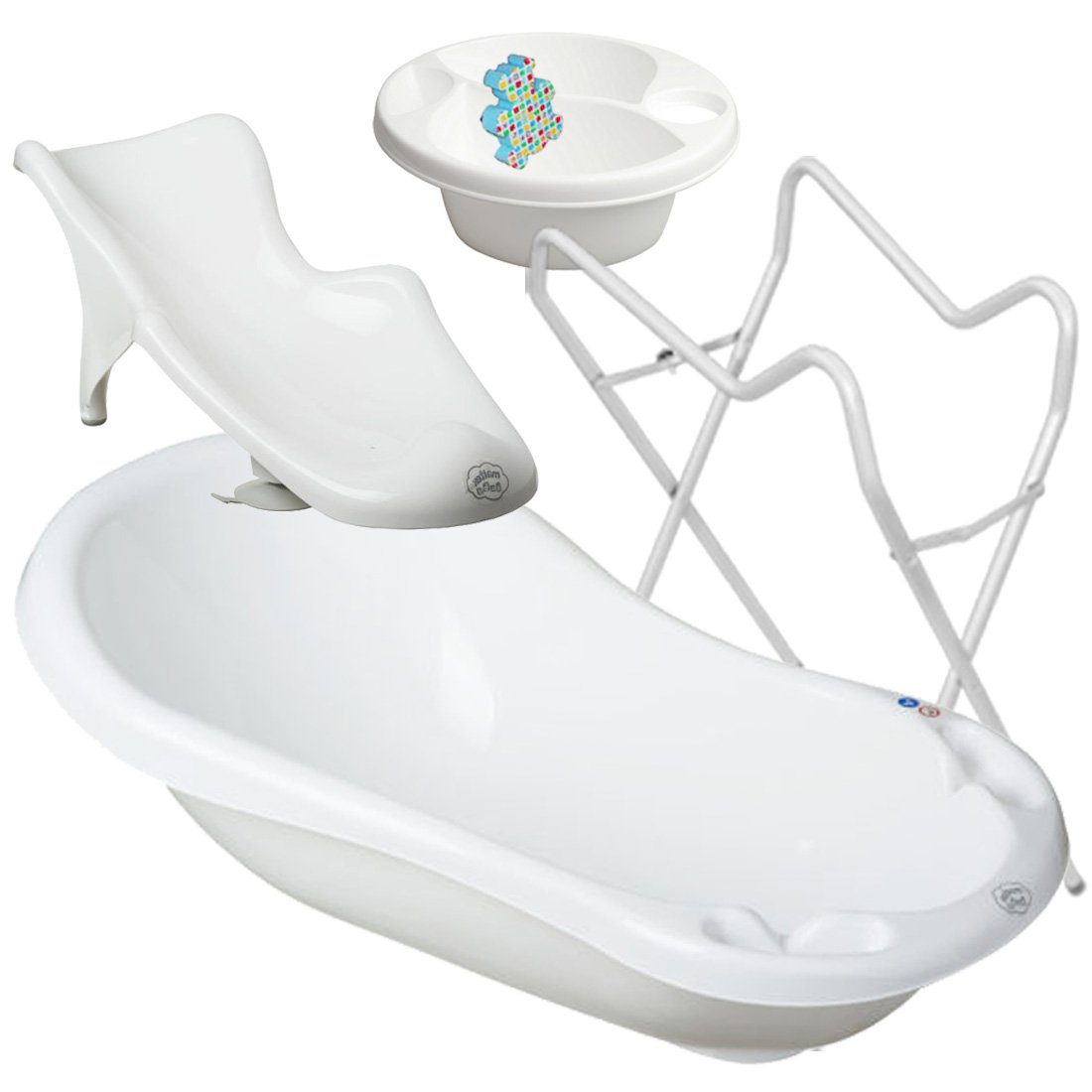 Maltex Babybadewanne Set 3-Teile Classic + Gestell Weiß -WASCHSCHÜSSEL Babybadeset Pflege, (Made in Europe Premium Top Set), ** Babywanne + Badesitz+ Schüssel + Ständer **