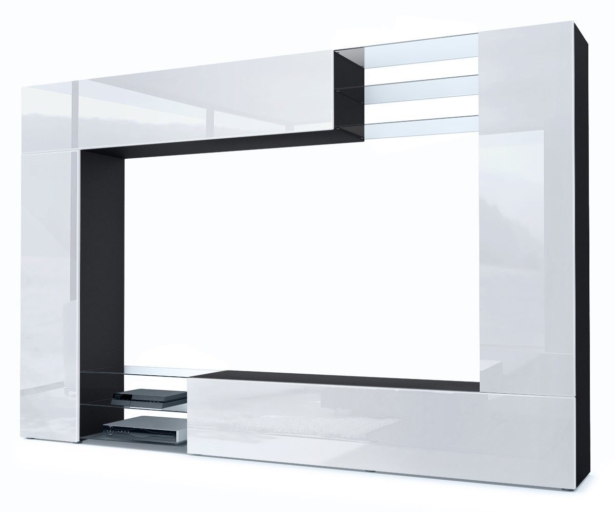 Vladon Wohnwand Mirage, (Anbauwand mit Rückwand mit 2 Türen, 4-St., 2 Klappen und 6 offenen Glasablagen), Schwarz matt/Weiß Hochglanz (262 x 183 x 39 cm) Front in Weiß Hochglanz