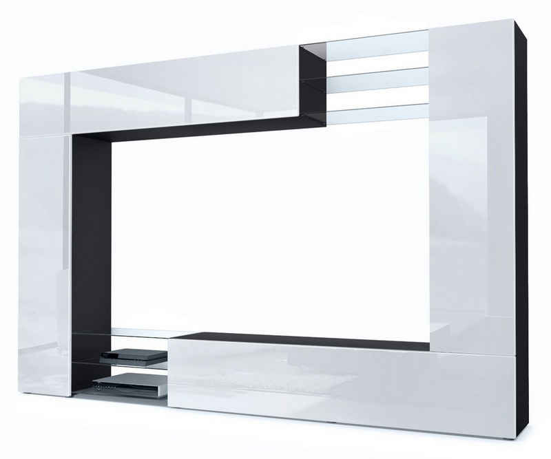 Vladon Wohnwand Mirage, (Anbauwand mit Rückwand mit 2 Türen, 4-St., 2 Klappen und 6 offenen Glasablagen), Schwarz matt/Weiß Hochglanz (262 x 183 x 39 cm)