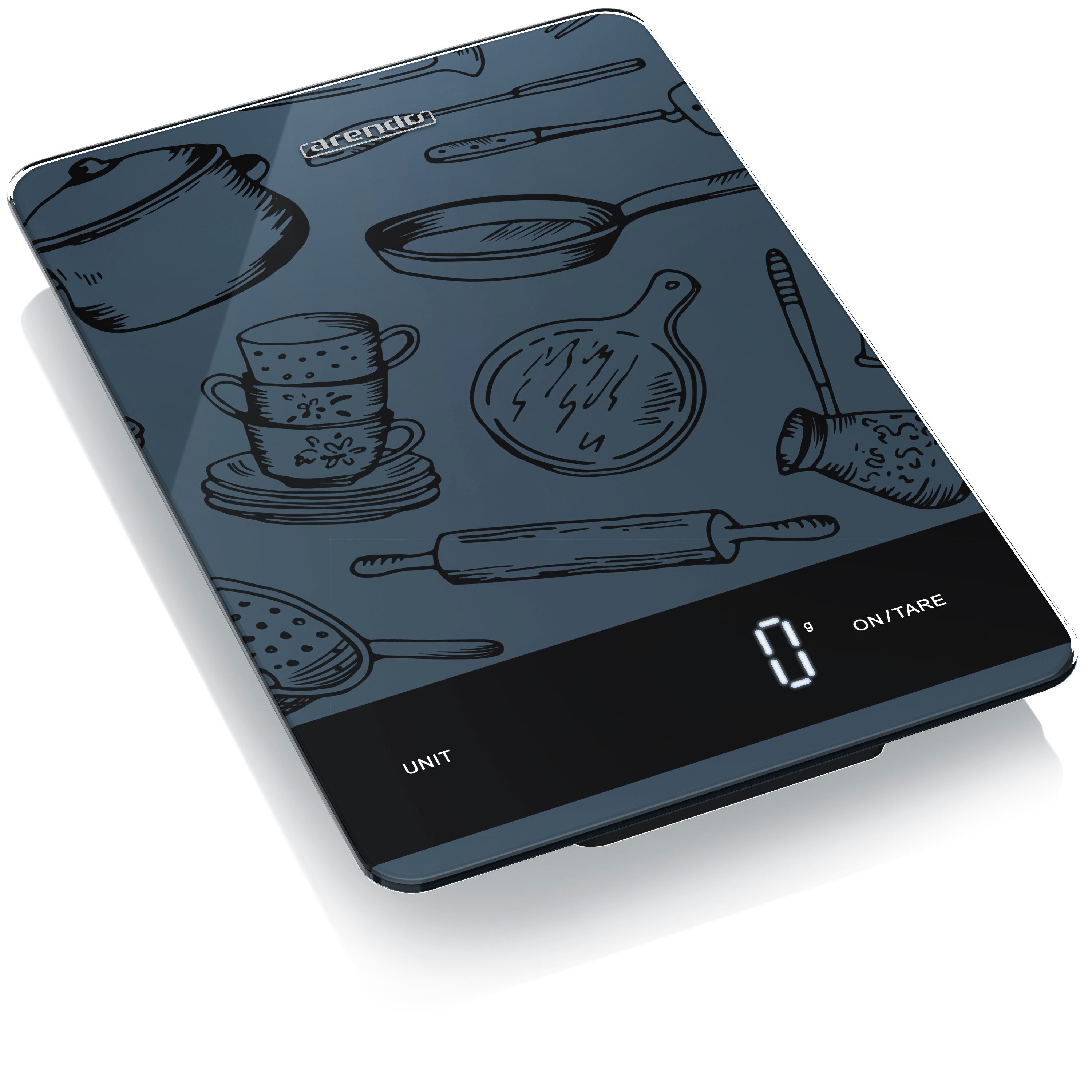 Arendo Küchenwaage digital mit Hochglanz Glasoberfläche, Lebensmittelwaage, 20 x 13,5cm, (1-tlg), 1 g Genauigkeit, Tara-Funktion, LCD-Display, 5 kg Tragkraft