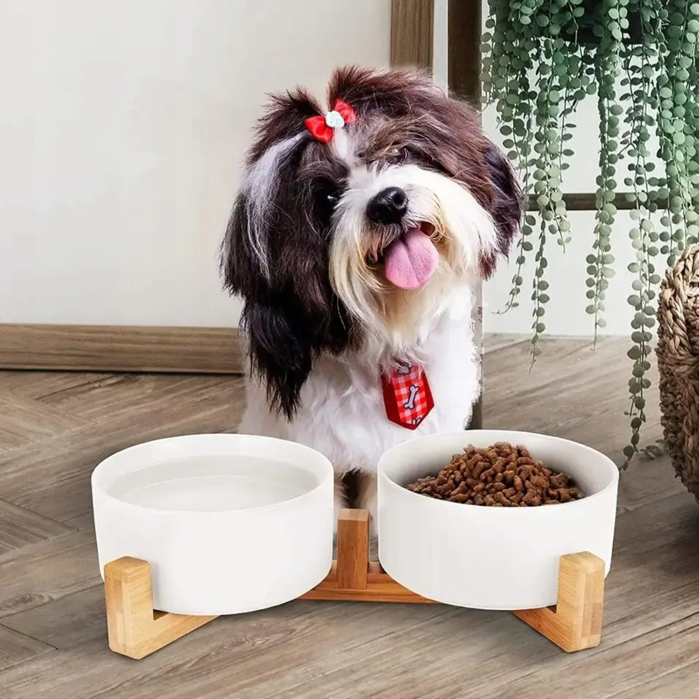 NUXIE PREMIUM Napf-Set Doppelkeramik-Napf auf Bambusständer 2x400ml Haustier Futterstation, Keramik, 2 Keramiknäpfe, Bambusständer, stabil, hygienisch, pflegeleicht