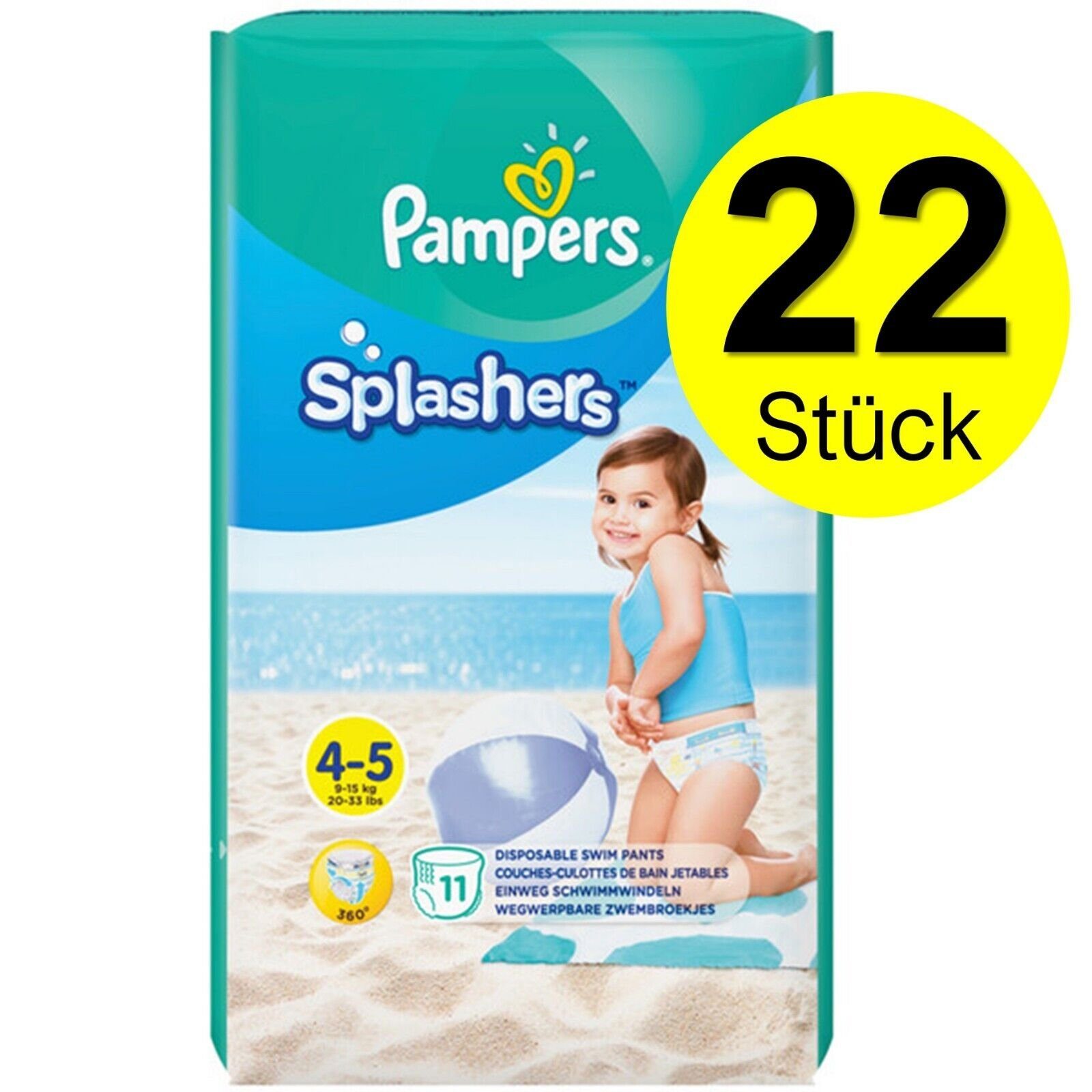 Pampers Windeln Schwimmwindel Einweg Baby Windeln Gr. 4-5 bis 9-15 kg 22 Stk. Pants (doppelte Beinbündchen leicht aufreißbaren Seiten dehnbare Windelbund mit 360°, Babywindelhose Babyschwimmwindel Baby Pampers pempers), Babywindel Schwimmhose Einweg Windel Schutz